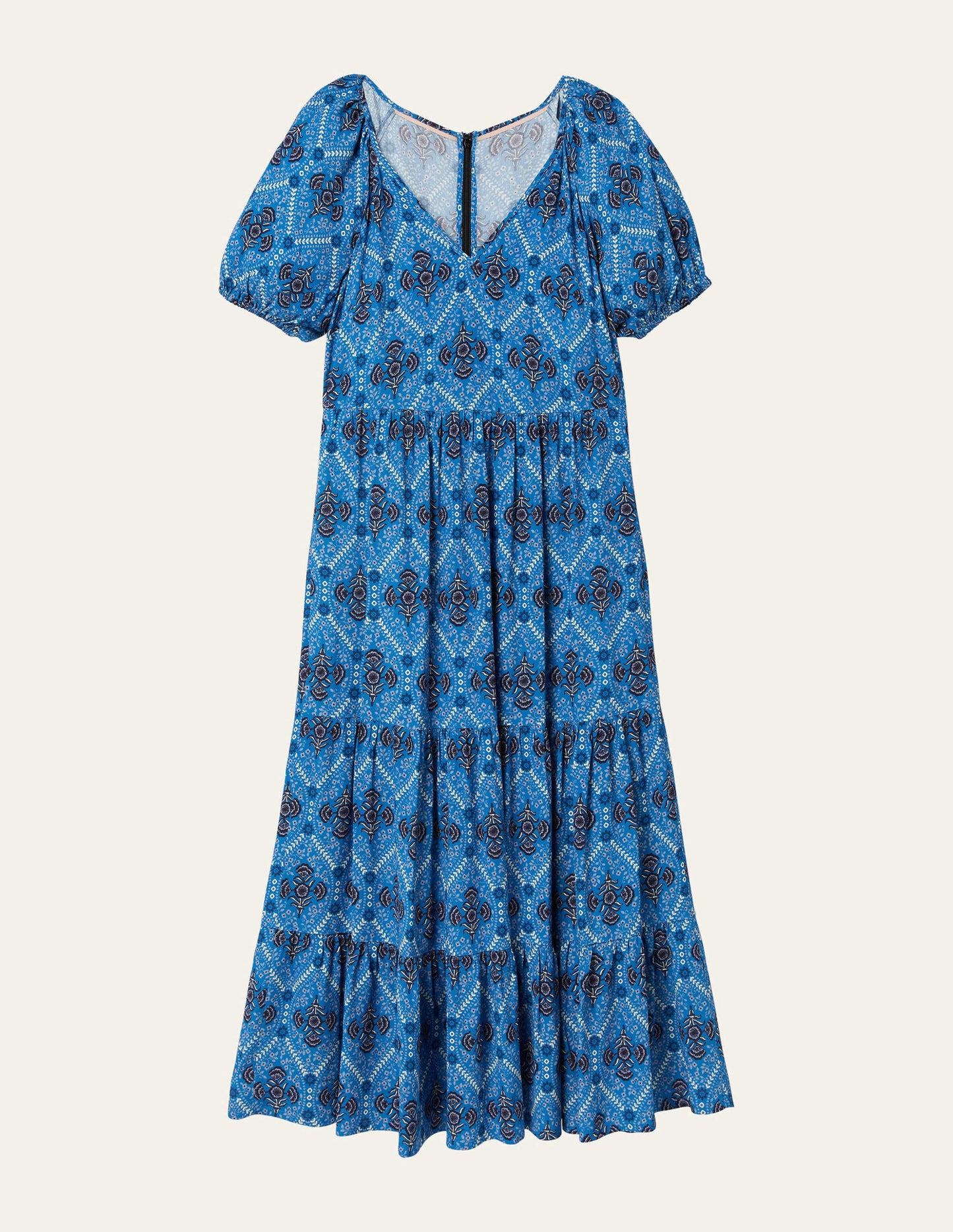 Midikleid mit V-Ausschnitt-Mosaikblau, Mohnblumen