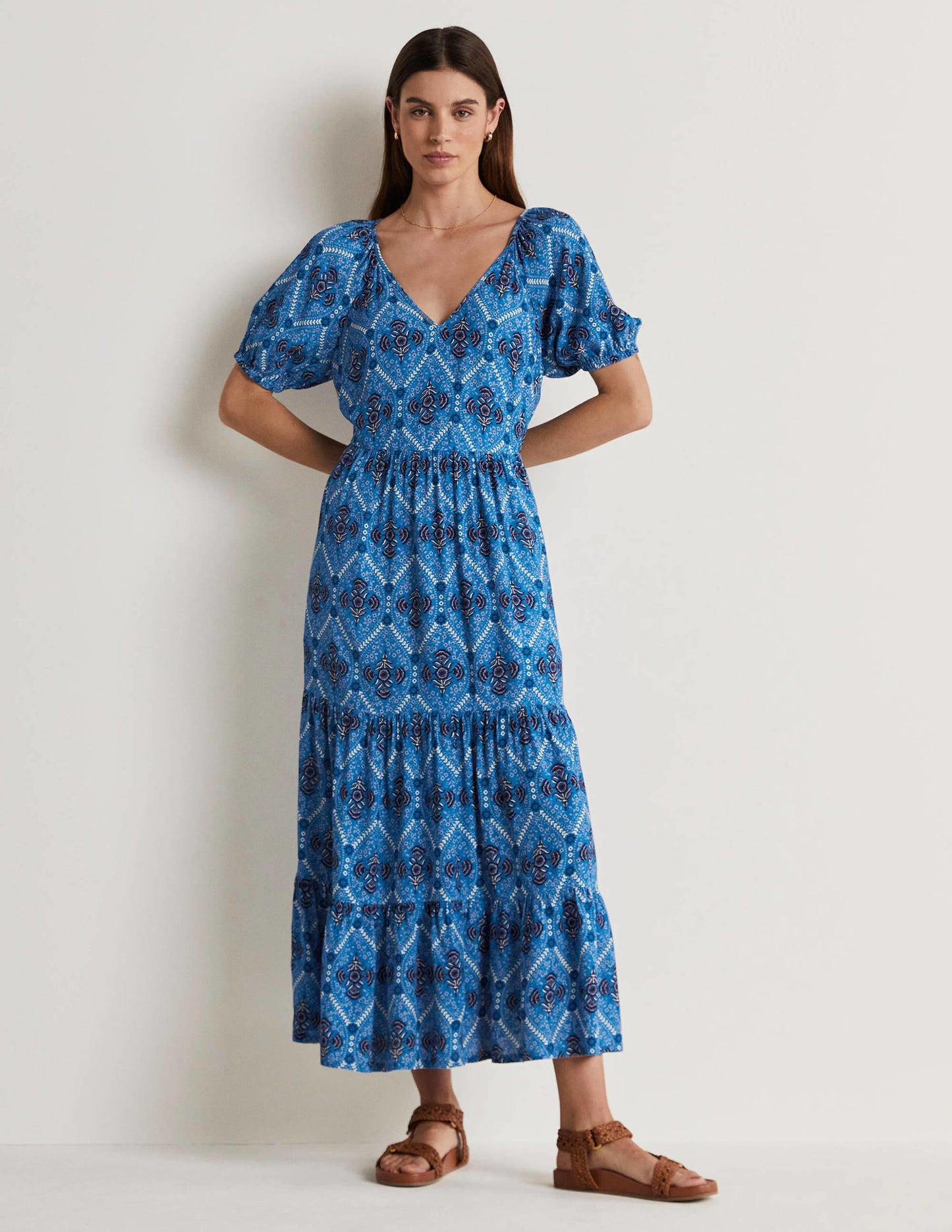 Midikleid mit V-Ausschnitt-Mosaikblau, Mohnblumen