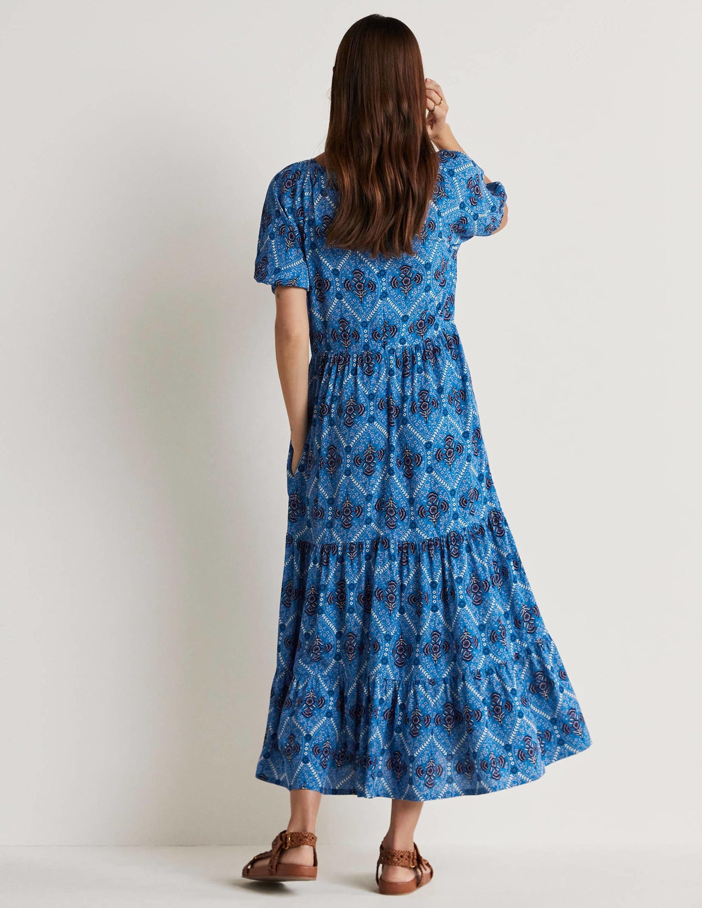 Midikleid mit V-Ausschnitt-Mosaikblau, Mohnblumen