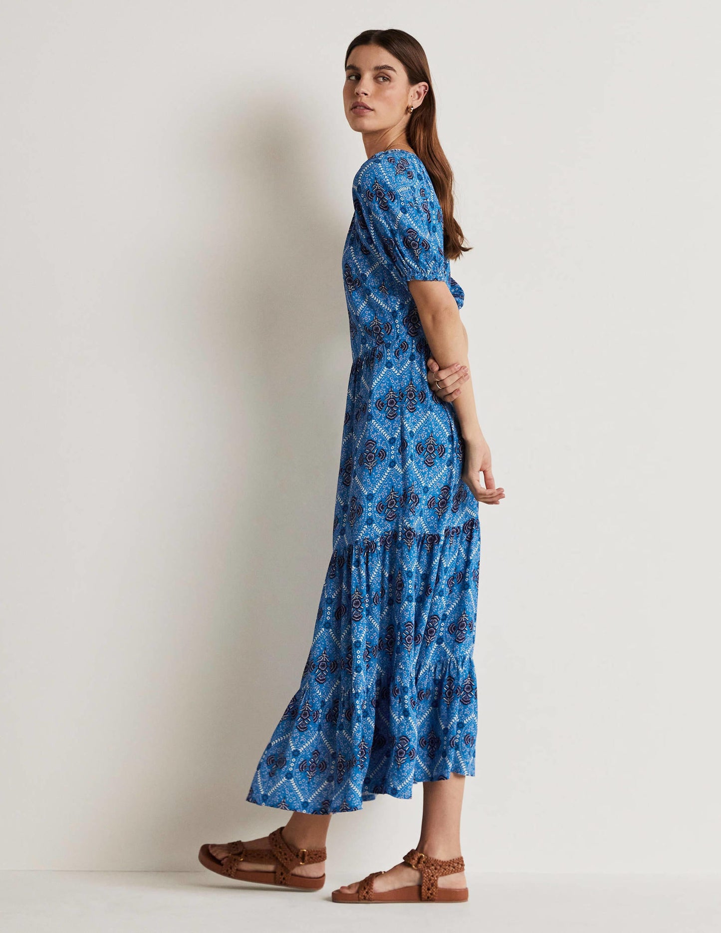 Midikleid mit V-Ausschnitt-Mosaikblau, Mohnblumen