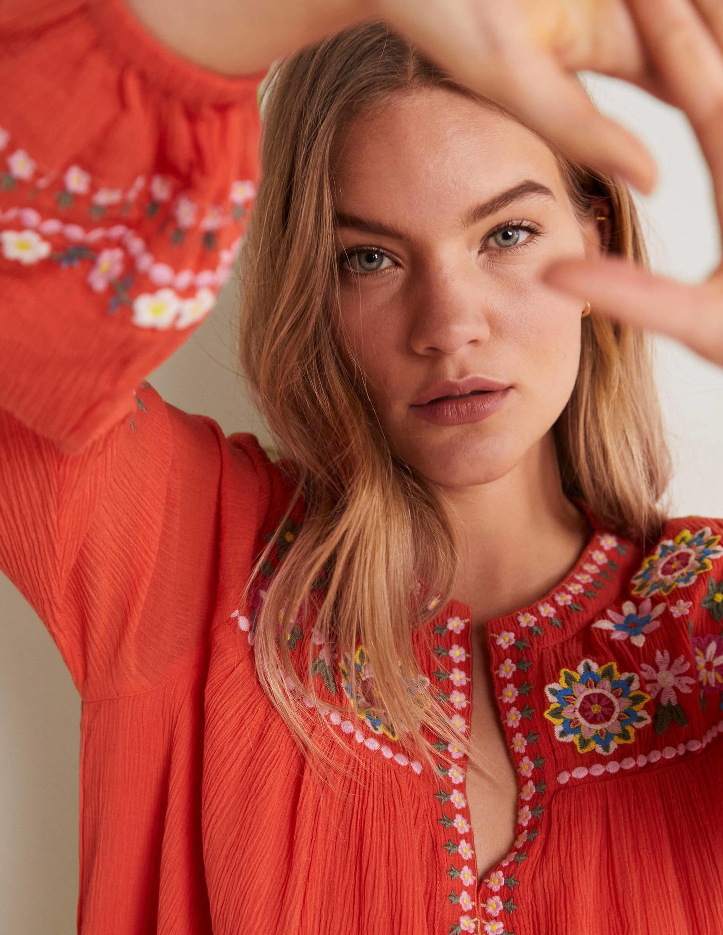 Embroidered Cotton Dress-Bright Papaya