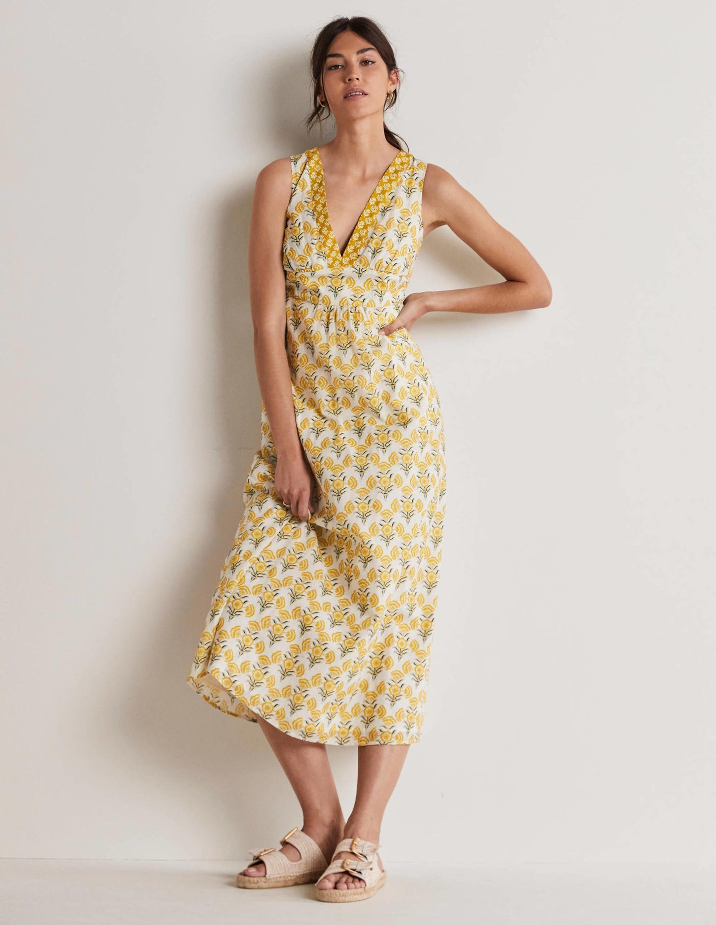 Robe longue en coton sans manches-Ivoire, motif Poppy Geo