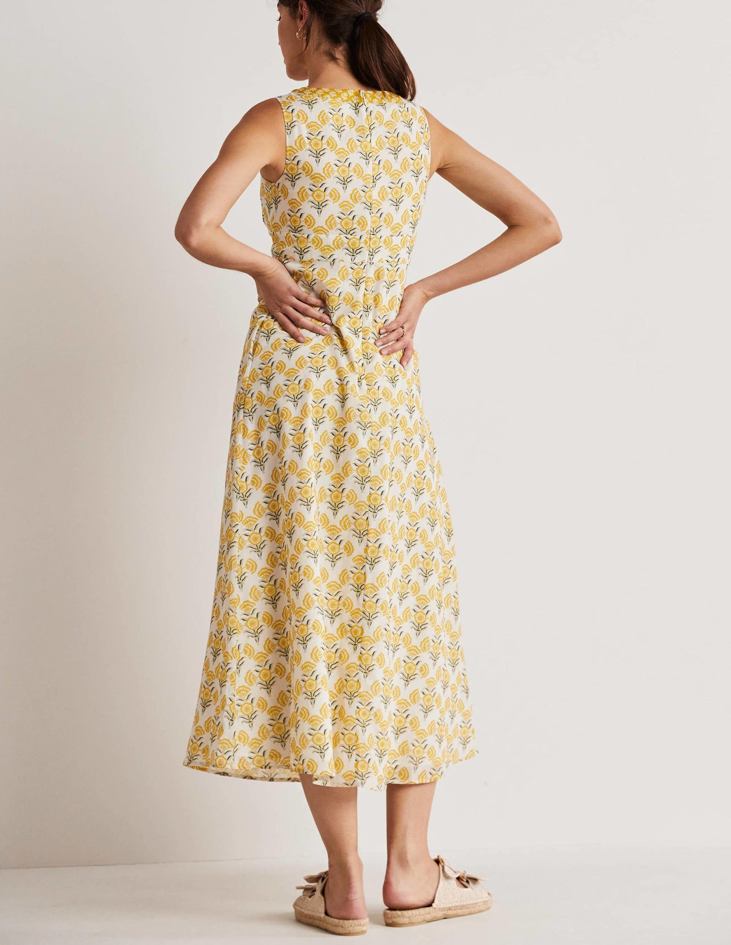 Robe longue en coton sans manches-Ivoire, motif Poppy Geo