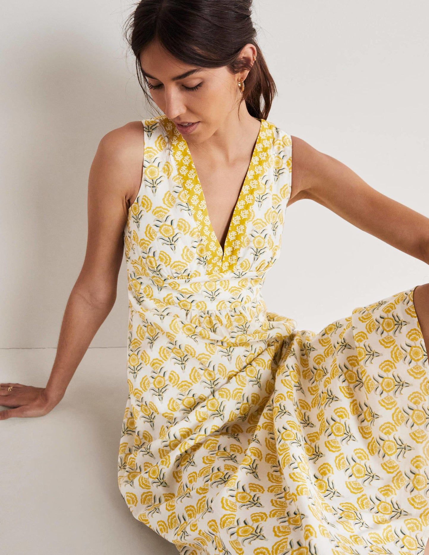 Robe longue en coton sans manches-Ivoire, motif Poppy Geo