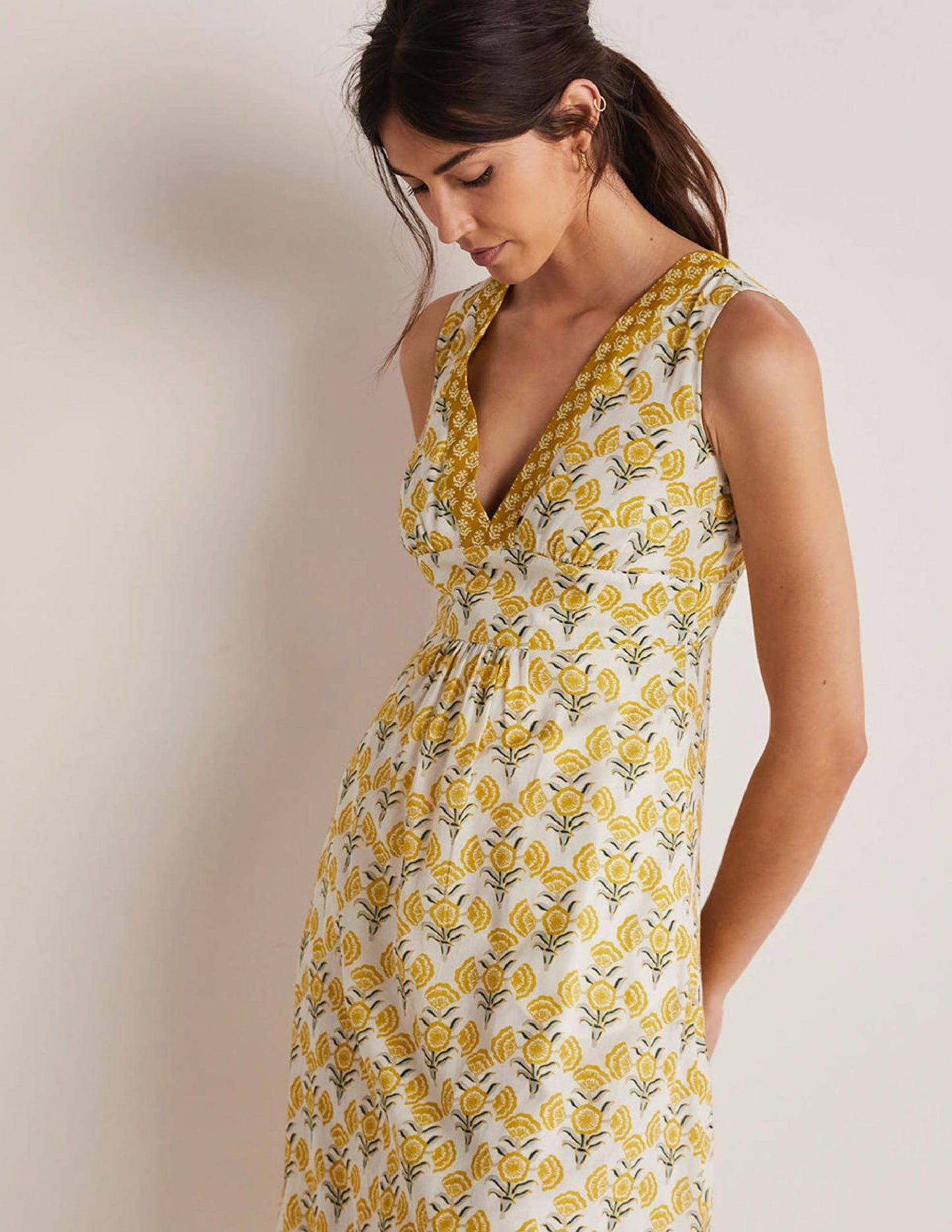 Robe longue en coton sans manches-Ivoire, motif Poppy Geo