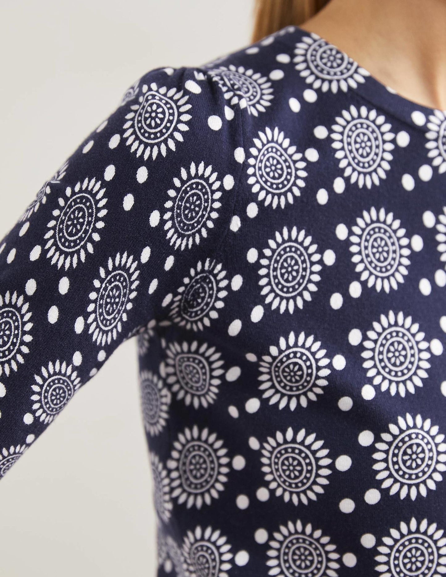 Cotton Crew Knitted Top-French Navy, Sun Geo