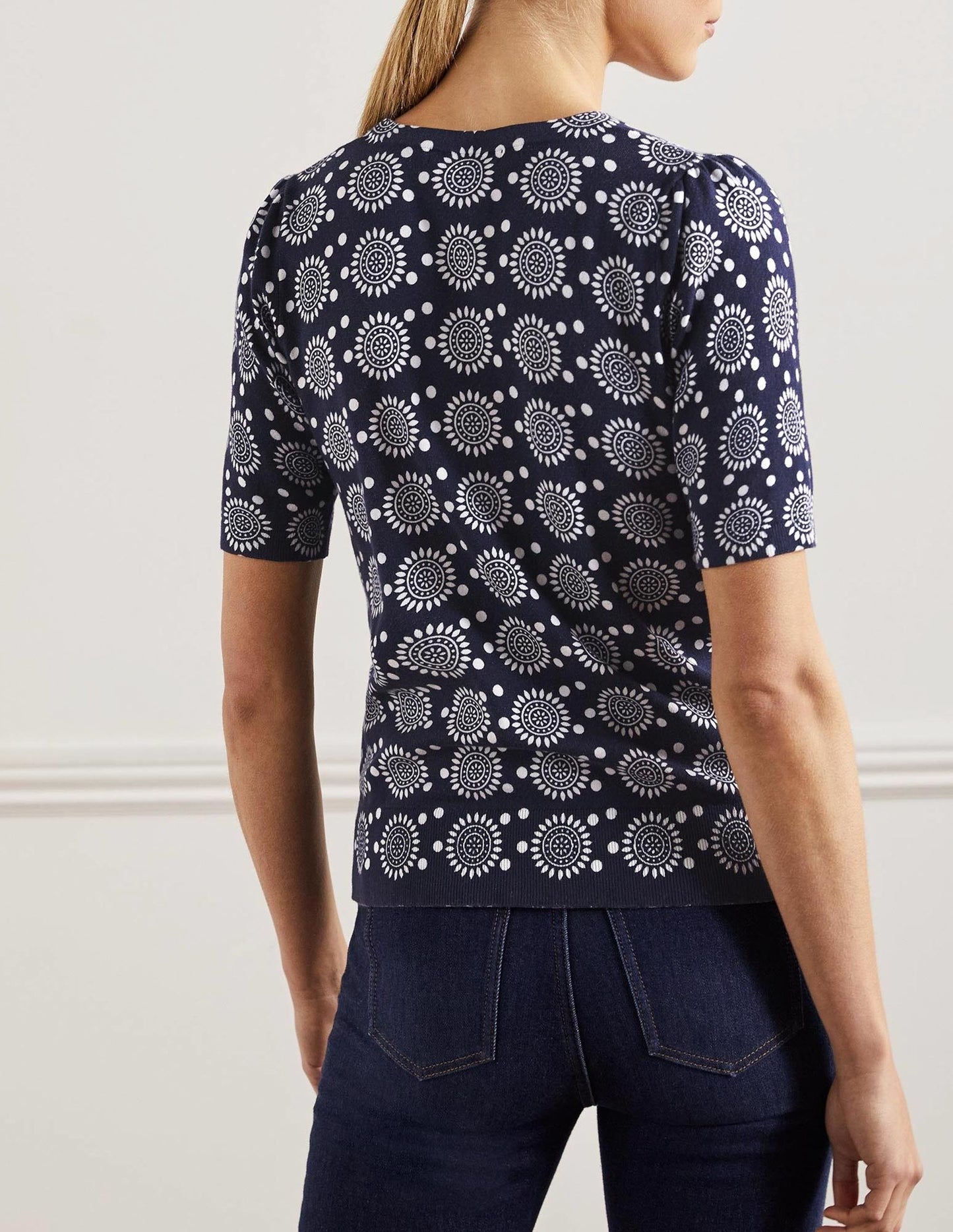 Cotton Crew Knitted Top-French Navy, Sun Geo
