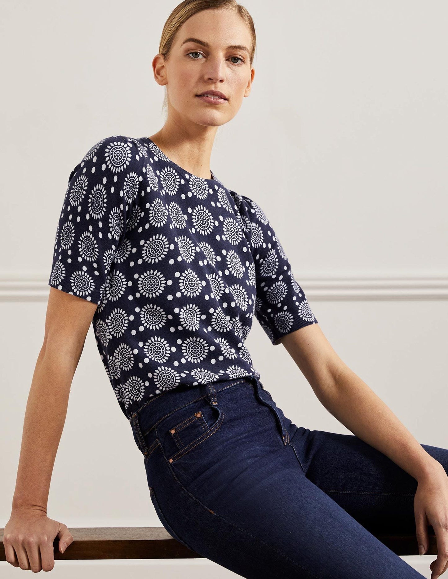 Cotton Crew Knitted Top-French Navy, Sun Geo