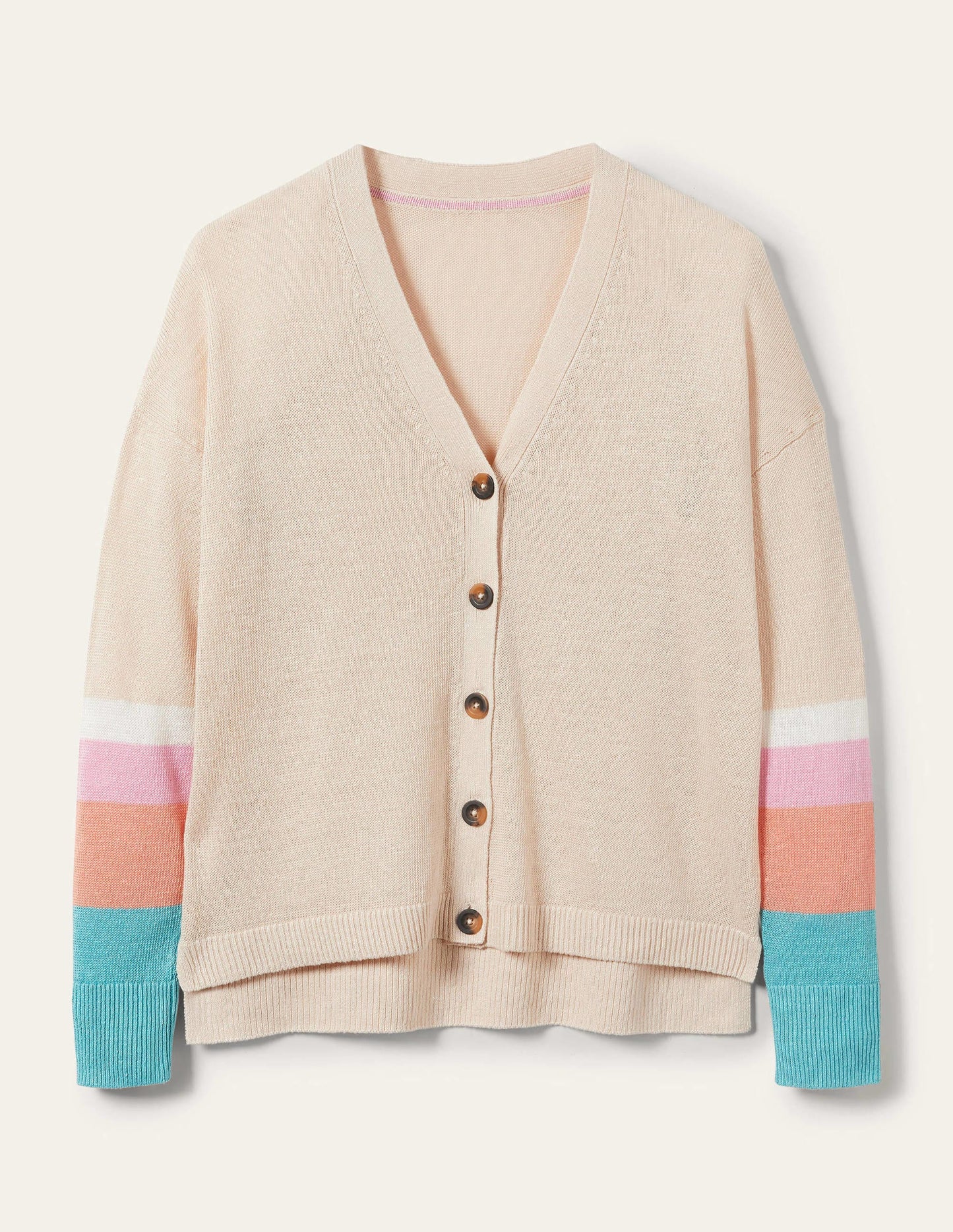 Leinen-Cardigan mit Blockfarben-Helles Korallenrot/Bonbonrosa