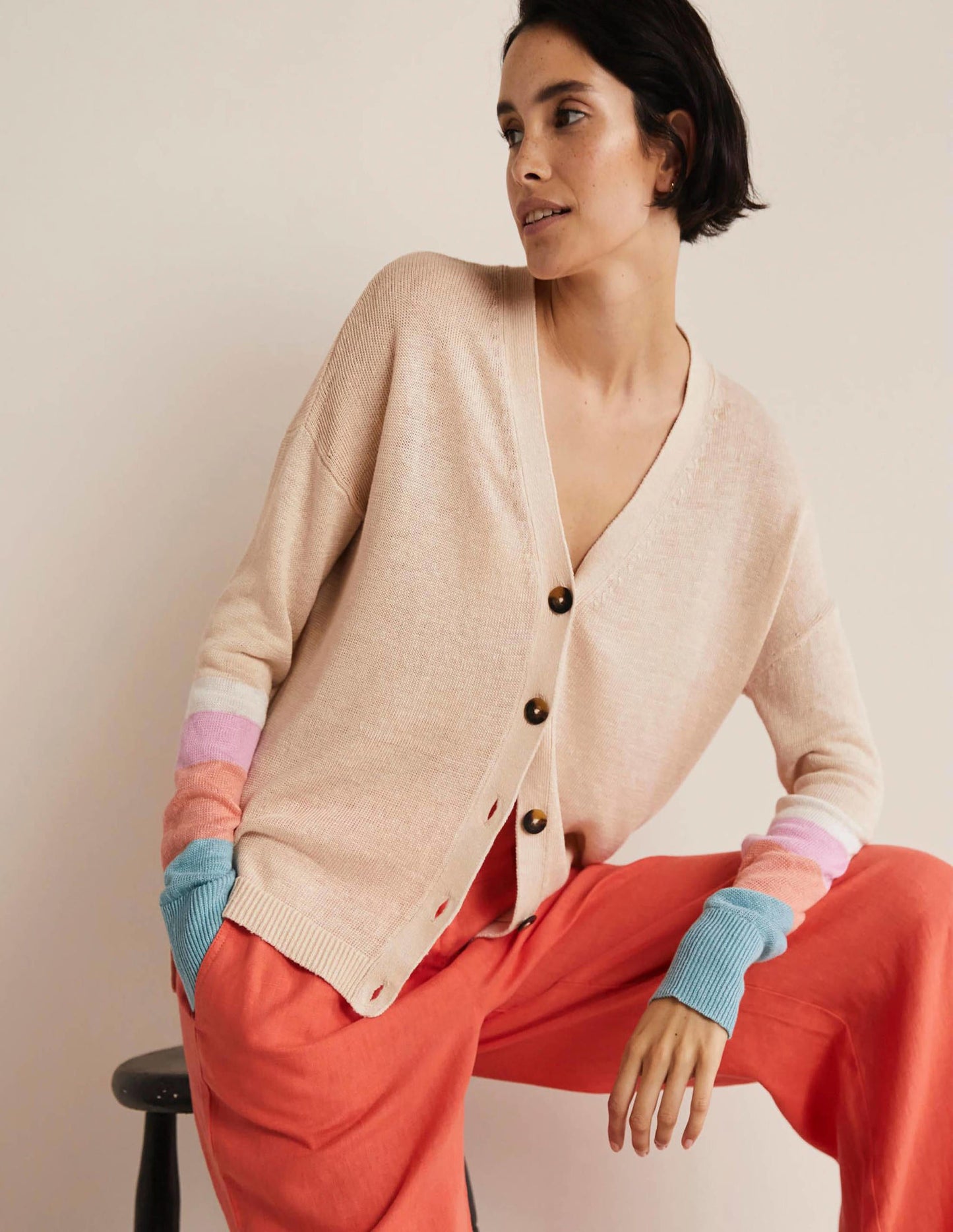 Leinen-Cardigan mit Blockfarben-Helles Korallenrot/Bonbonrosa