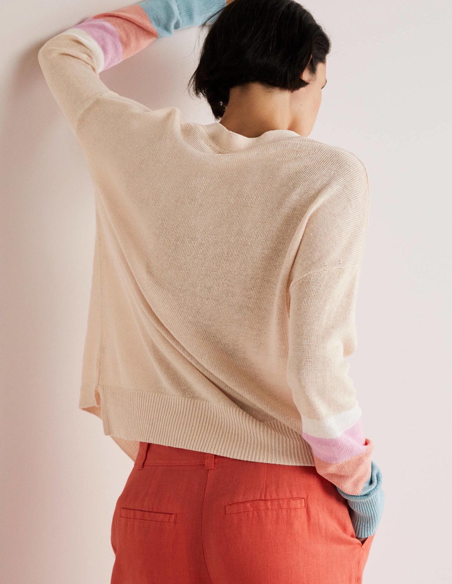 Leinen-Cardigan mit Blockfarben-Helles Korallenrot/Bonbonrosa