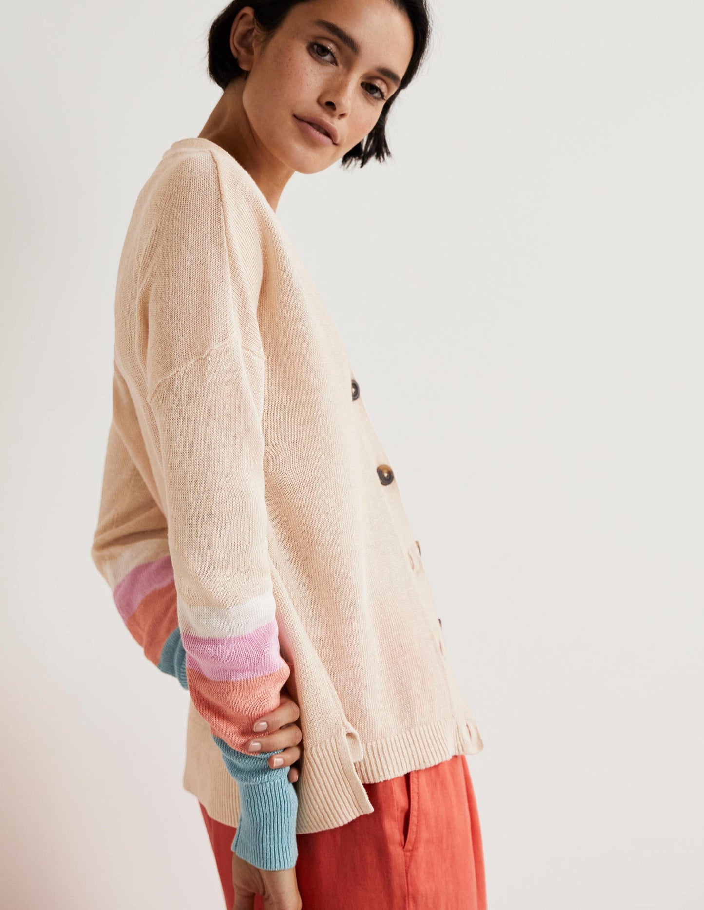Leinen-Cardigan mit Blockfarben-Helles Korallenrot/Bonbonrosa
