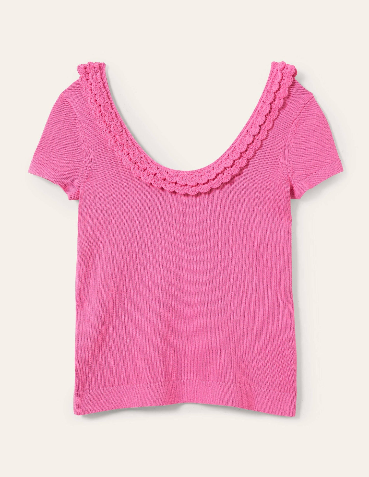 Strick-T-Shirt mit gehäkelter Muschelborte-Erdbeer-Daiquiri-Rosa