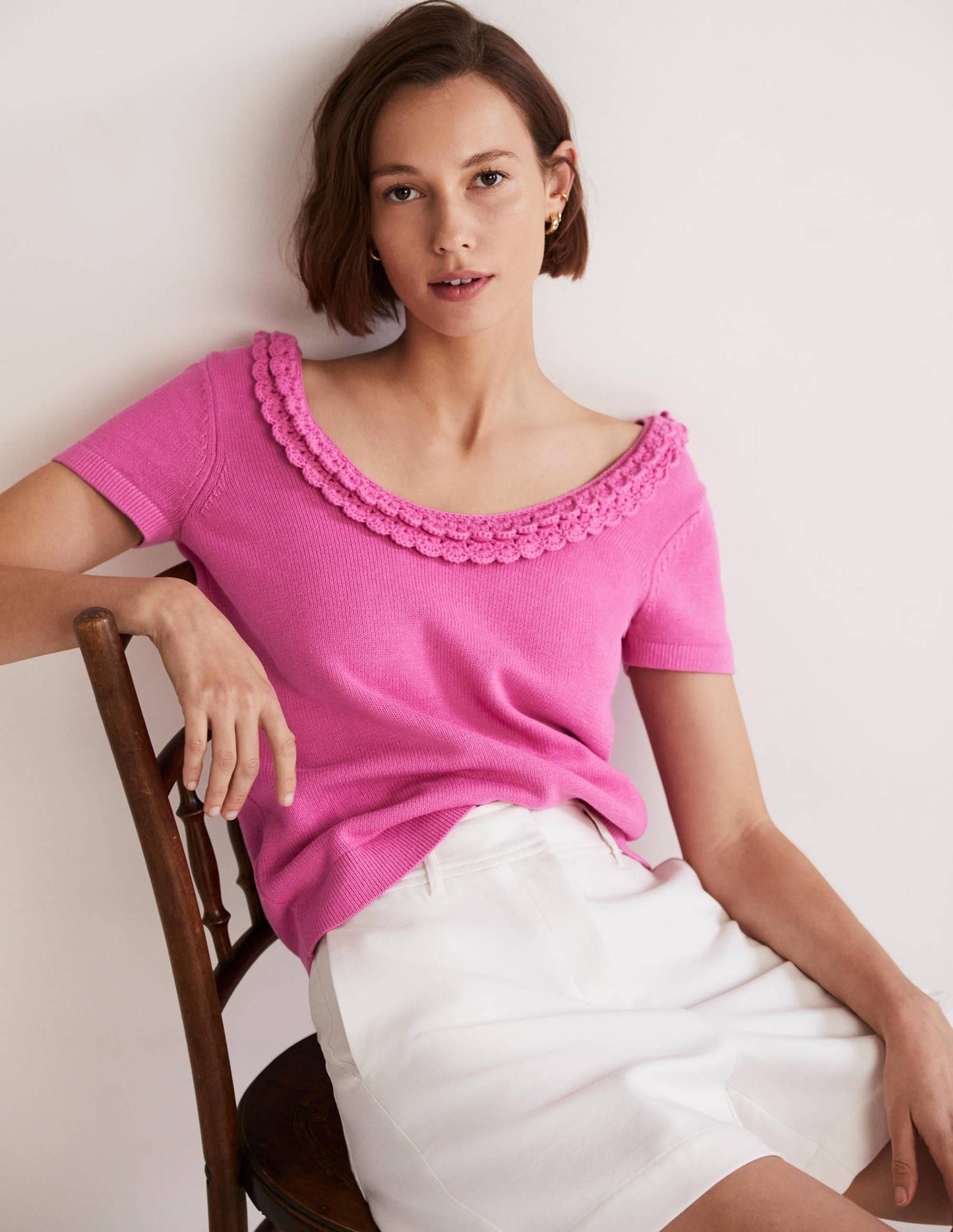 Strick-T-Shirt mit gehäkelter Muschelborte-Erdbeer-Daiquiri-Rosa