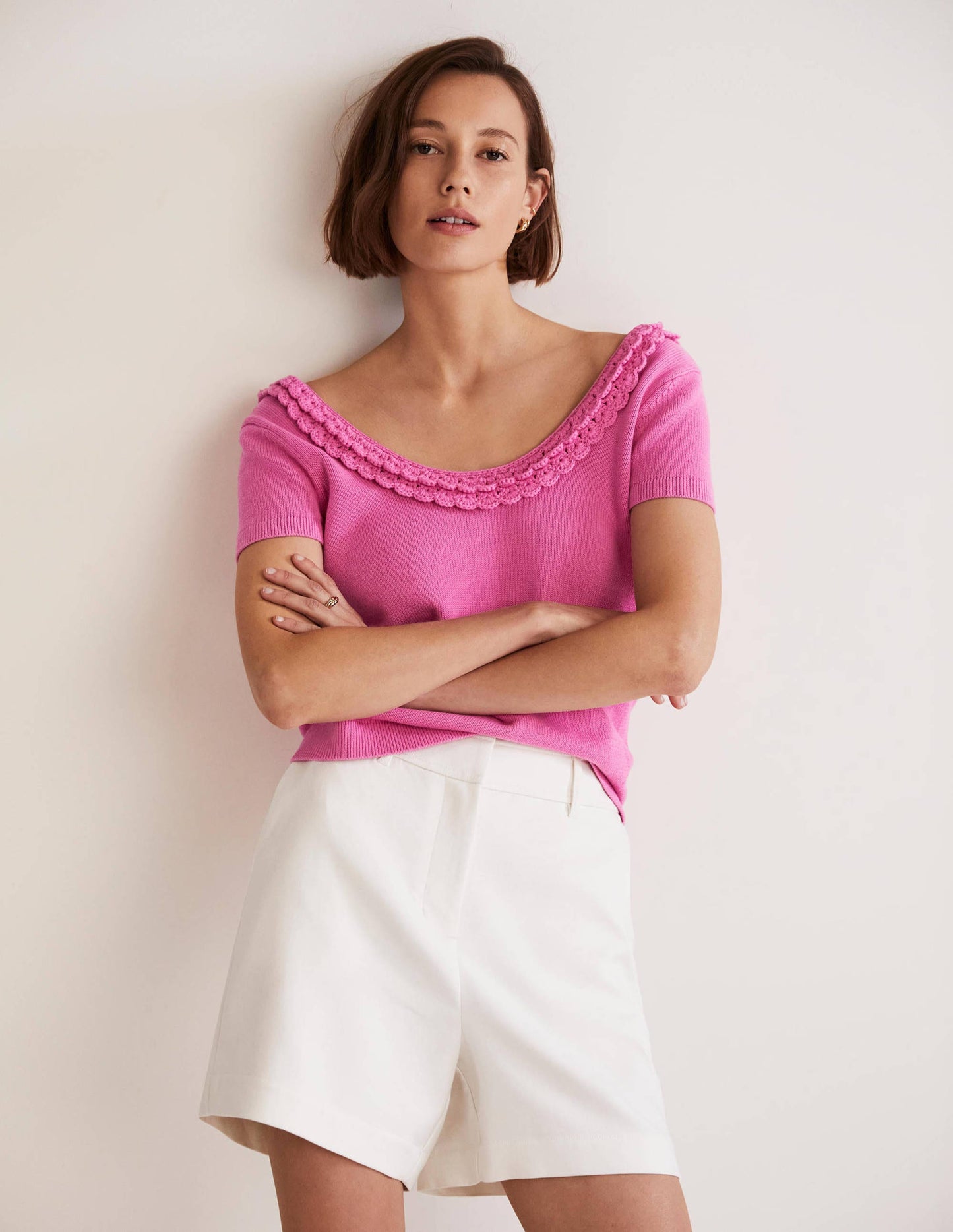 Strick-T-Shirt mit gehäkelter Muschelborte-Erdbeer-Daiquiri-Rosa