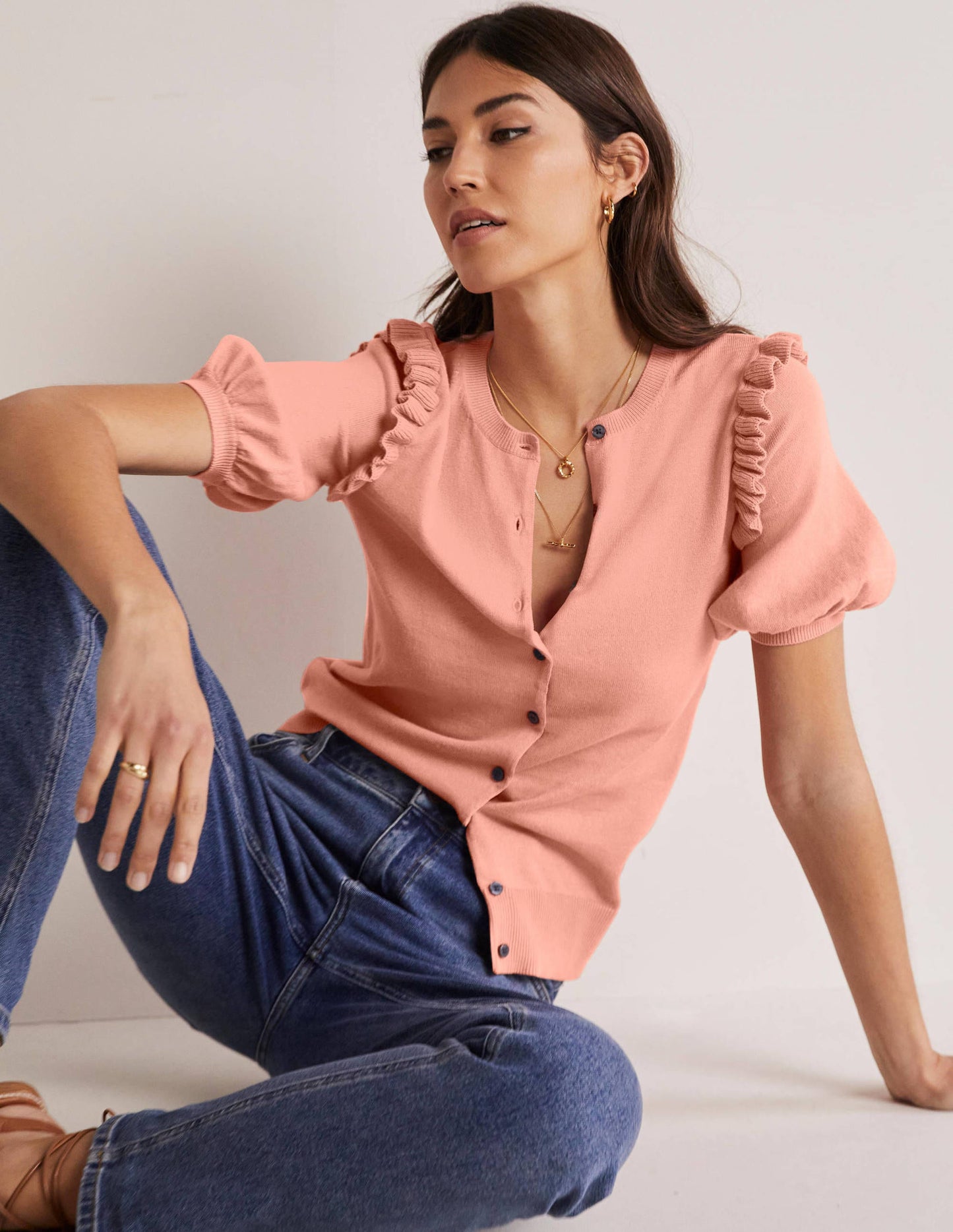 Frill Shoulder Cotton Cardigan-Chalky Coral Pink