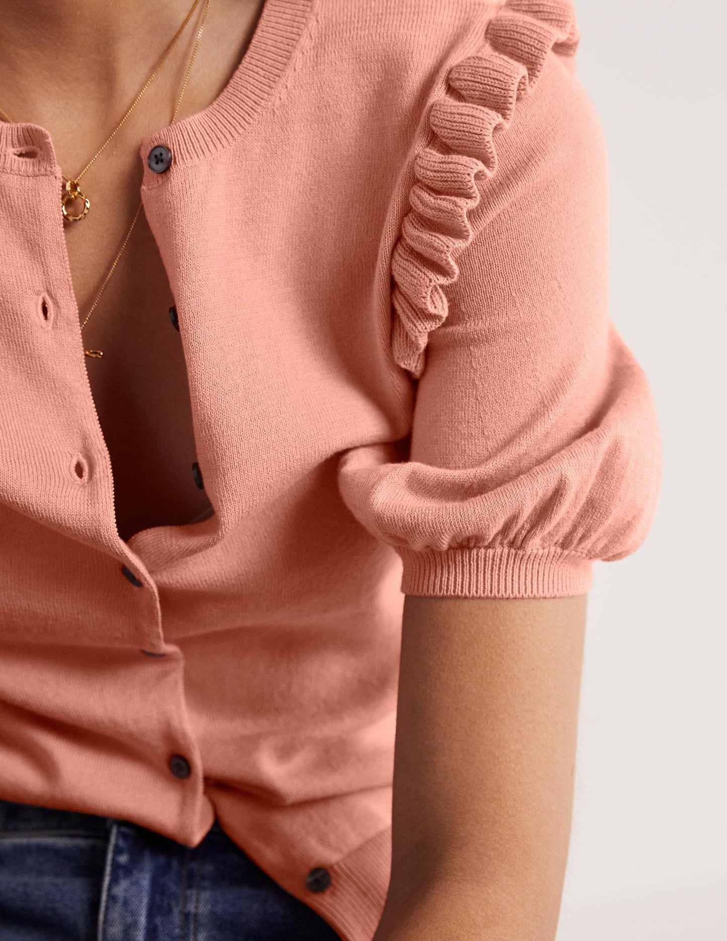 Frill Shoulder Cotton Cardigan-Chalky Coral Pink