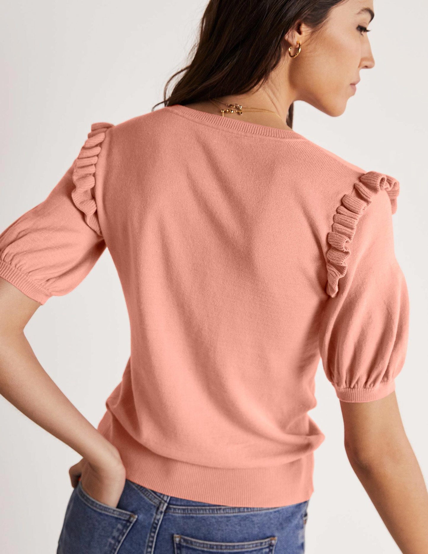 Frill Shoulder Cotton Cardigan-Chalky Coral Pink