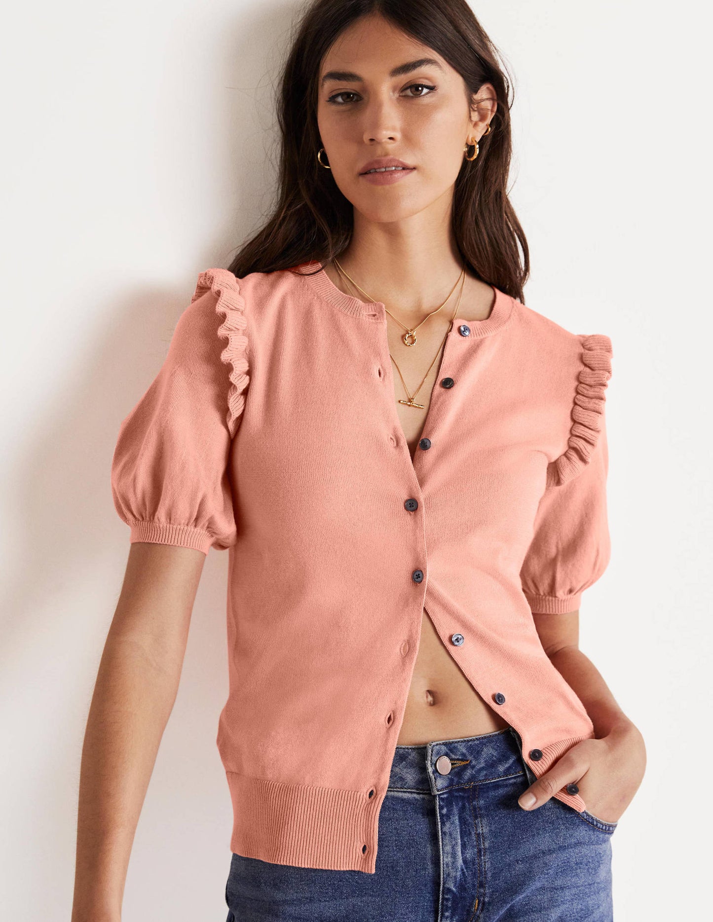 Frill Shoulder Cotton Cardigan-Chalky Coral Pink