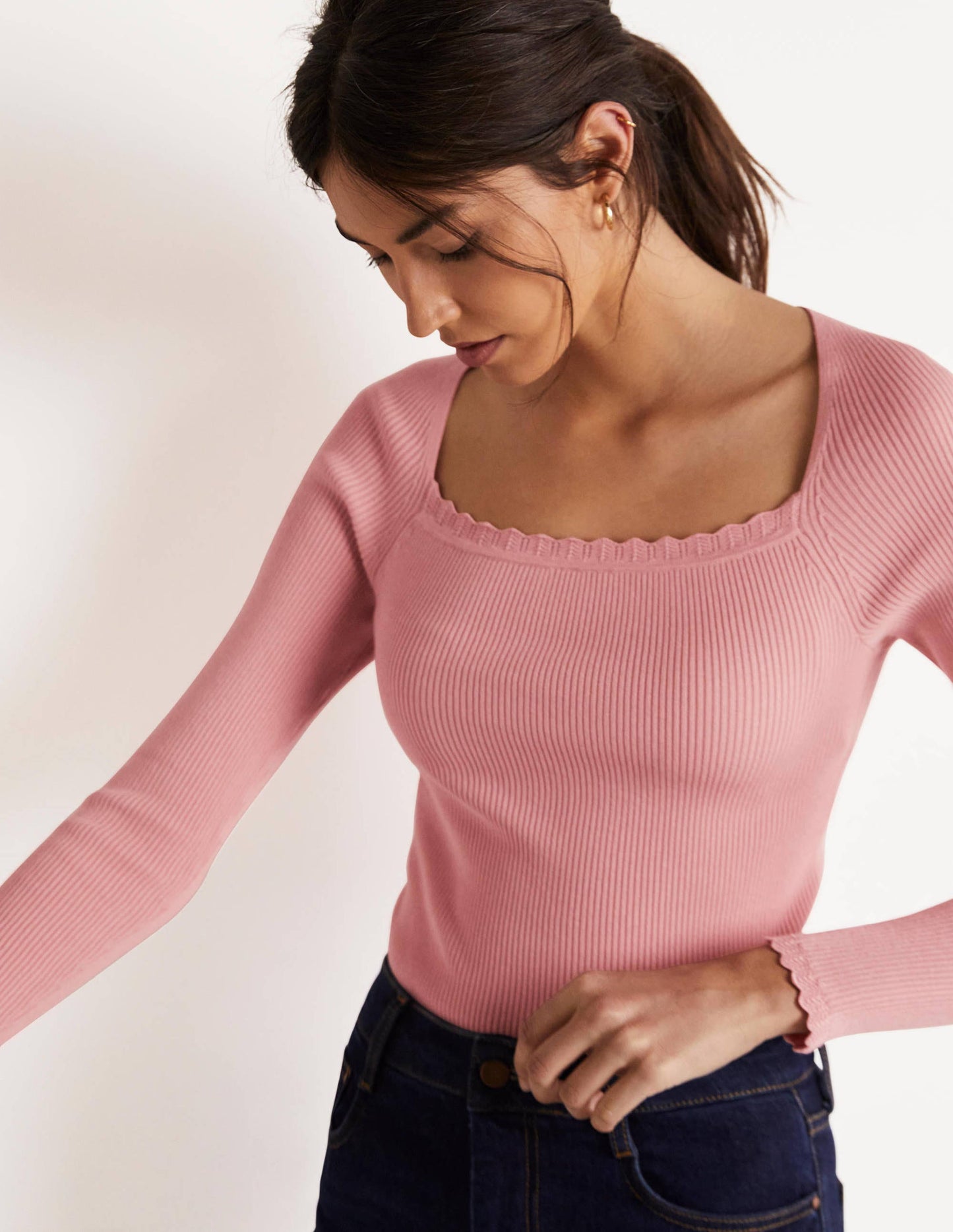 Rippstrickoberteil mit eckigem Ausschnitt-Mandelblütenrosa