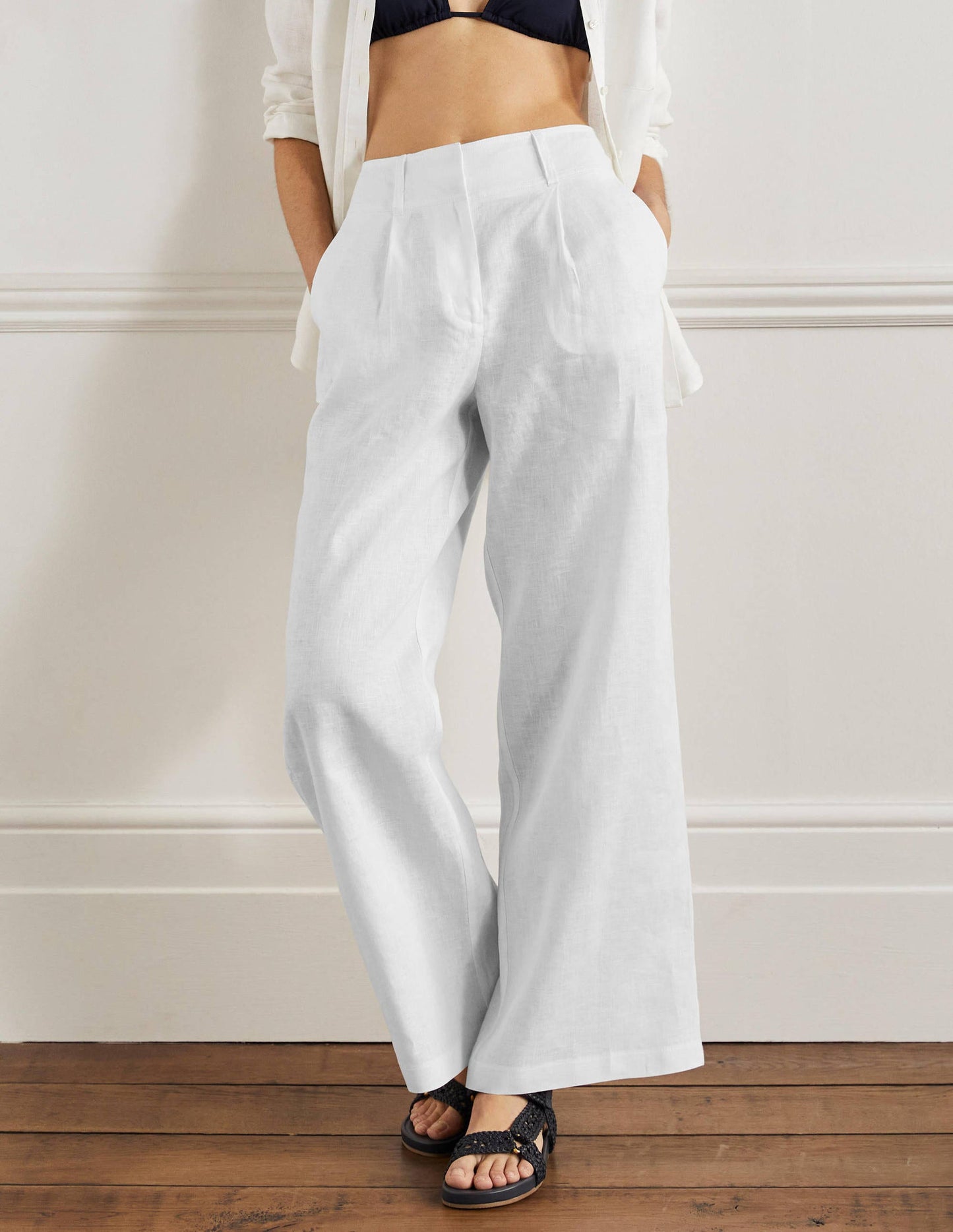 Leinenhose mit weitem Bein-Weiß