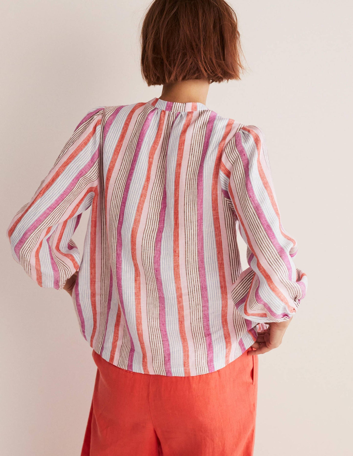 Becky Leinenbluse mit langen Ärmeln-Feuerwerkskörperrot/Cameo-Rosa, Gestreift