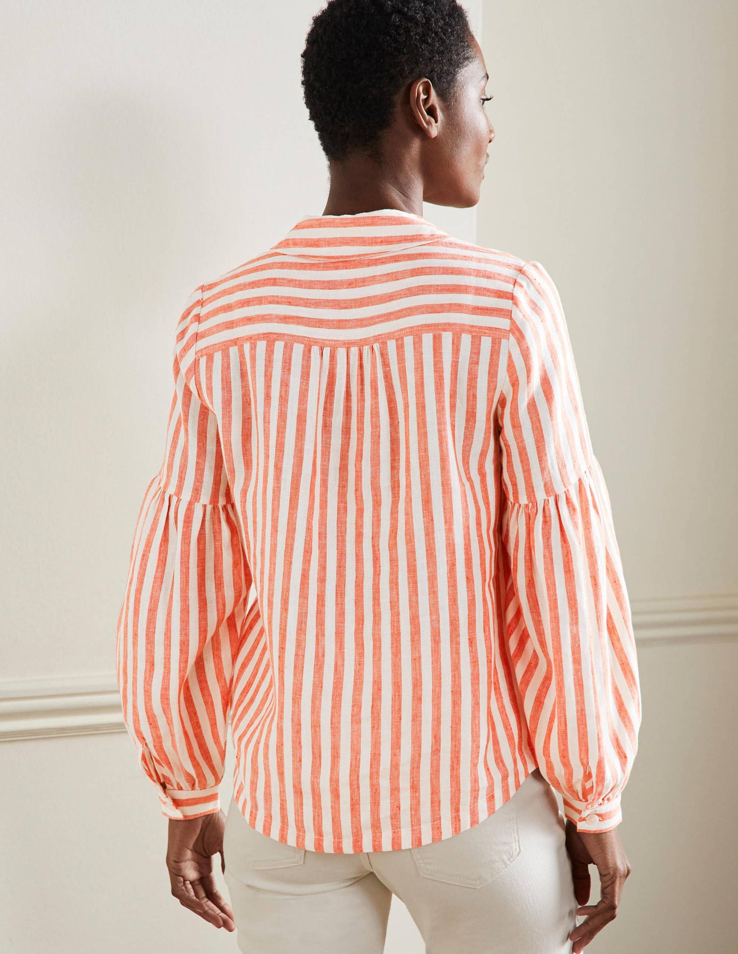 Anna Leinenhemd mit Blousonärmeln-Papayaorange/Naturweiß, Gestreift