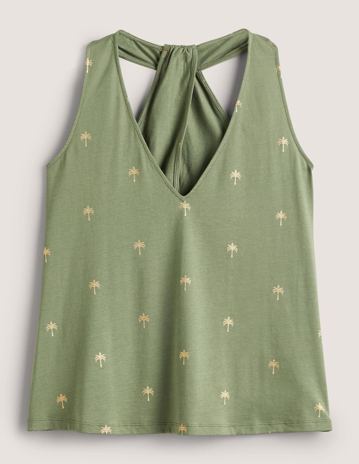 Jerseyoberteil mit V-Ausschnitt und Knotendetail hinten-Erlengrün/Gold, Paradiespalmen