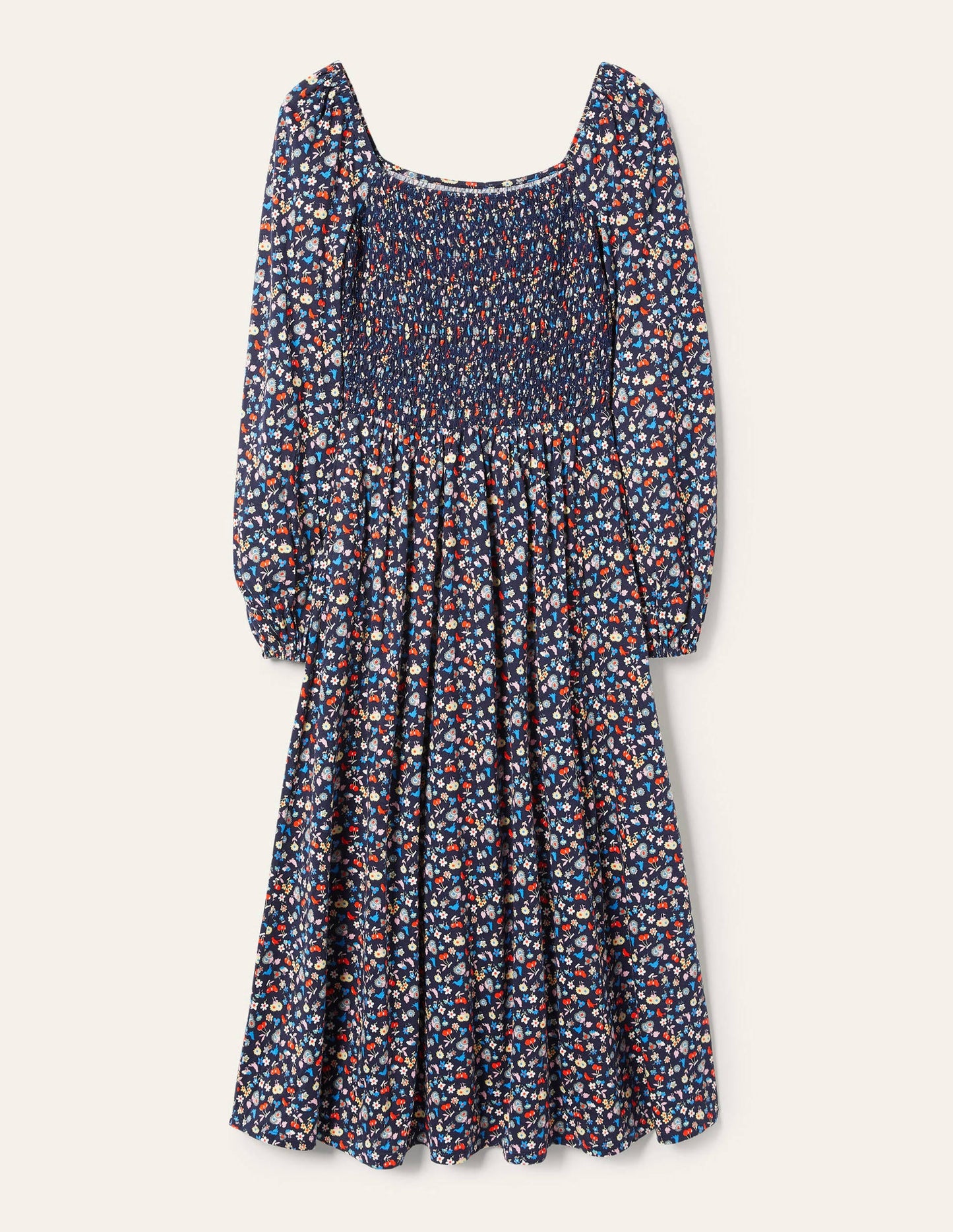 Jersey-Midikleid mit Smokdetail-Navy, Waldknospen