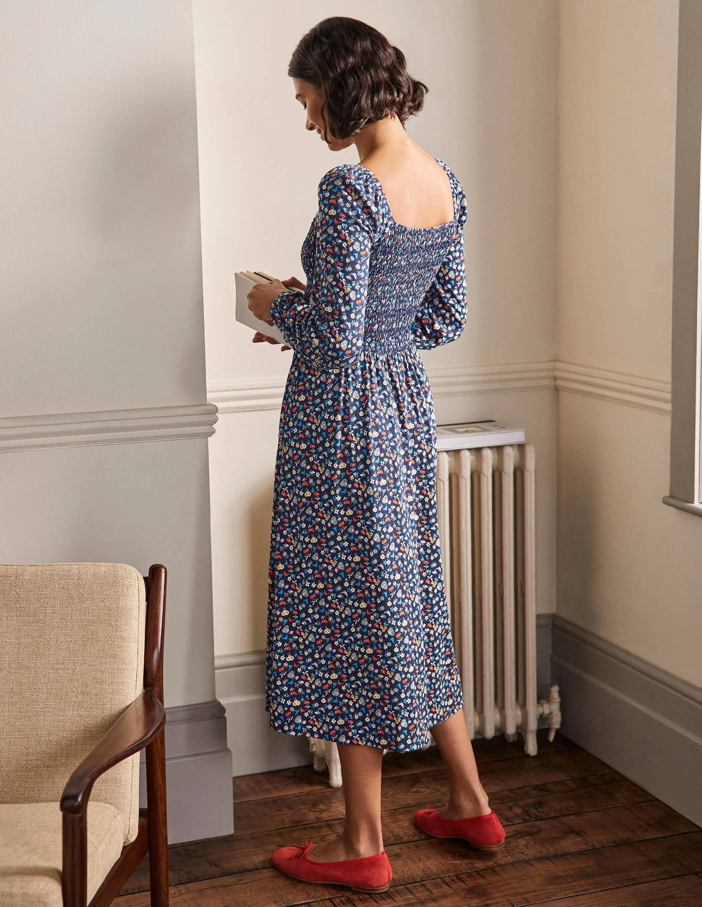 Jersey-Midikleid mit Smokdetail-Navy, Waldknospen
