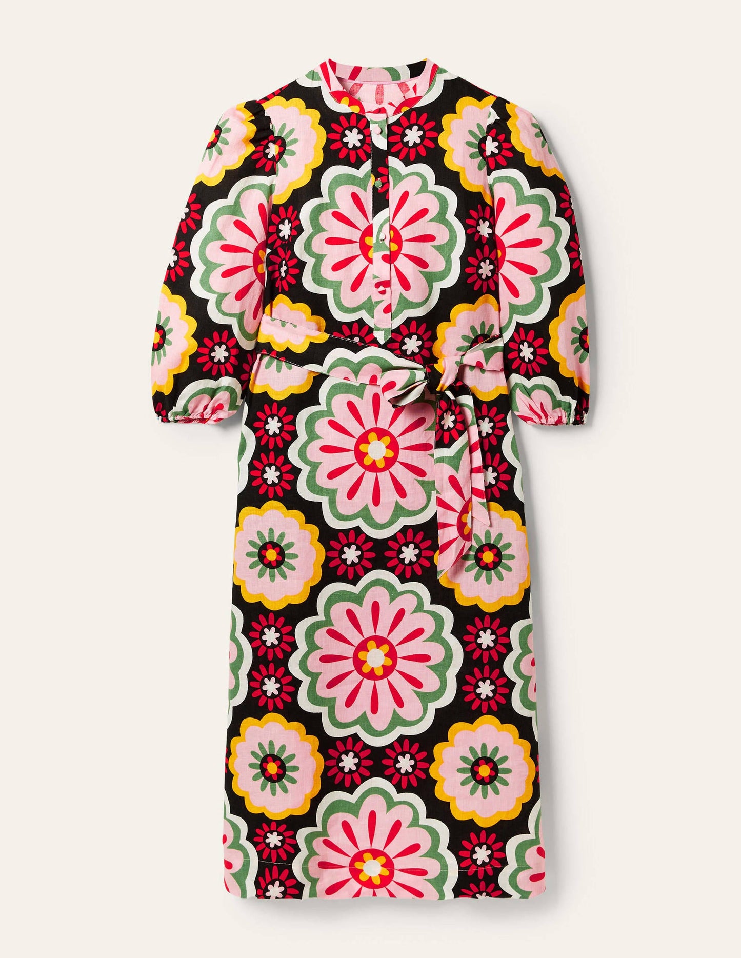 Midi-Hemdblusenkleid aus Leinen-Schwarz, Üppige Gänseblümchen