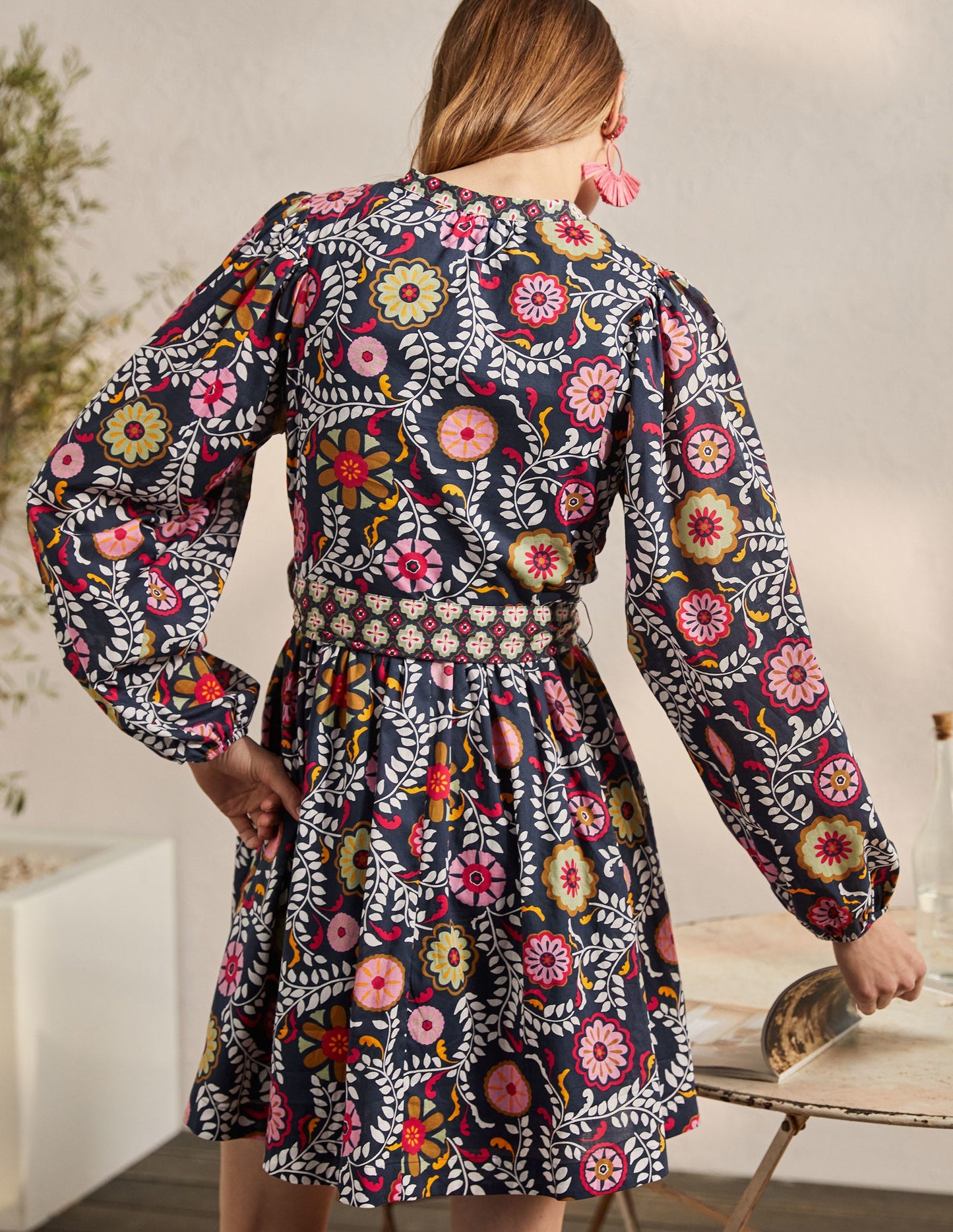 Notch Neck Cotton Dress-French Navy, Opulent Garden