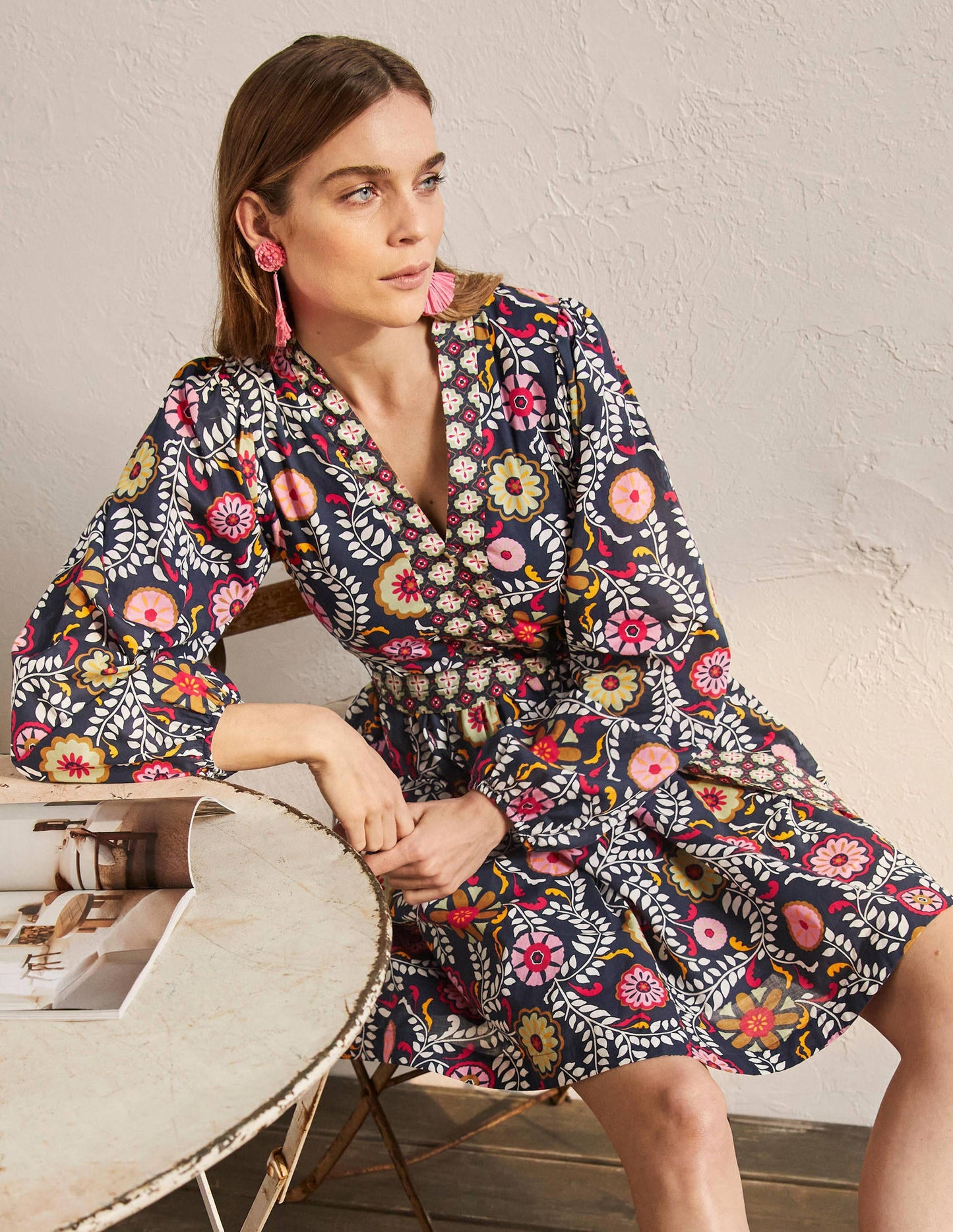 Notch Neck Cotton Dress-French Navy, Opulent Garden