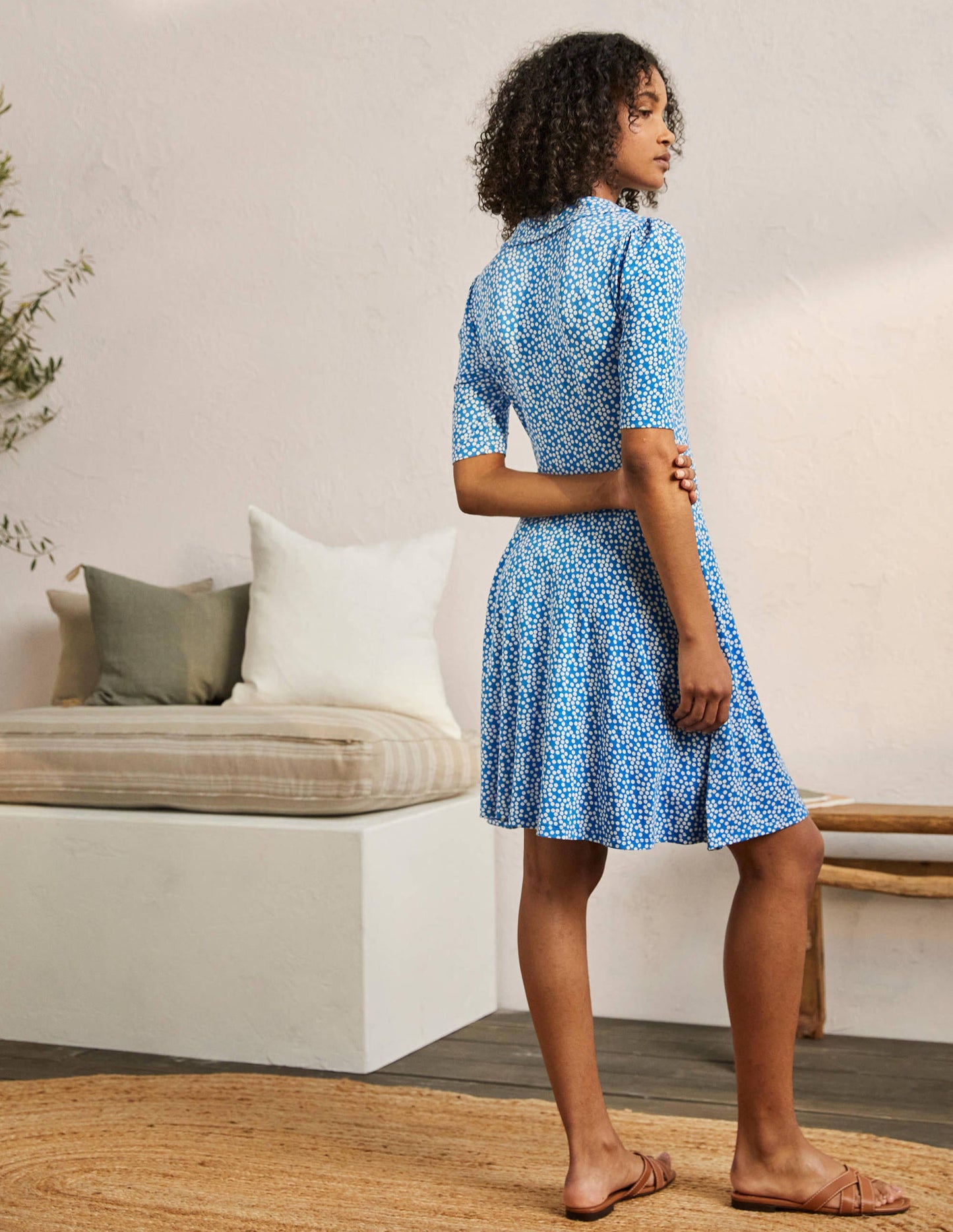 Jerseykleid mit fixierter Wickeloptik-Marokkoblau, Getupft