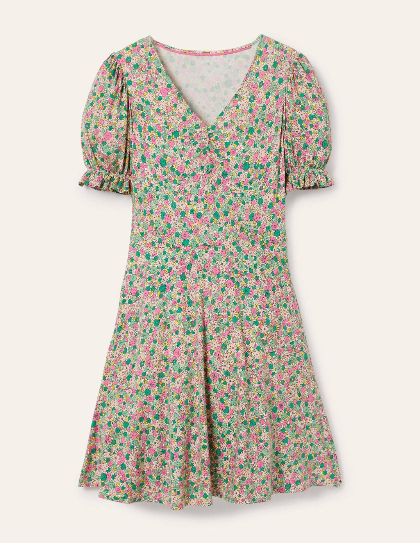 Jerseykleid mit V-Ausschnitt-Schottengrün, Gruppierte Blumen