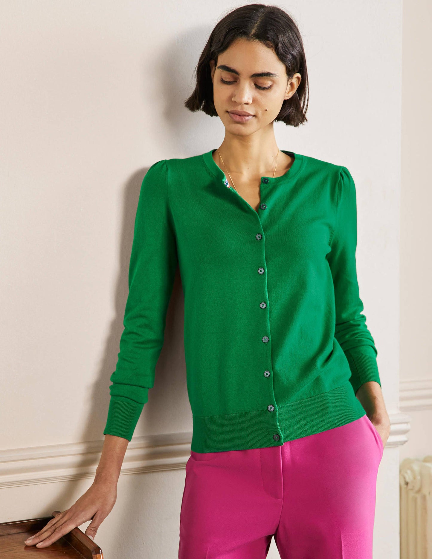 Cotton Crew Neck Cardigan-Highland Green