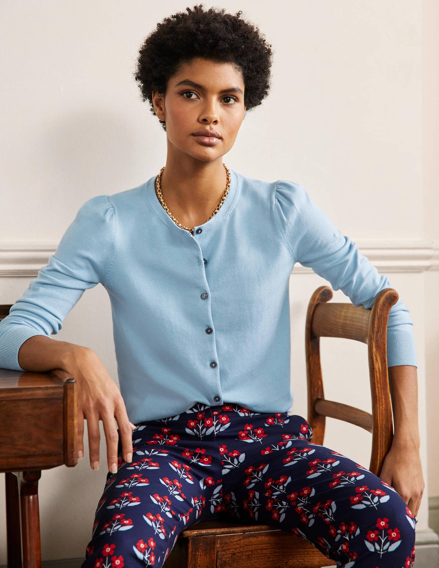 Cotton Crew Neck Cardigan-Dusty Blue