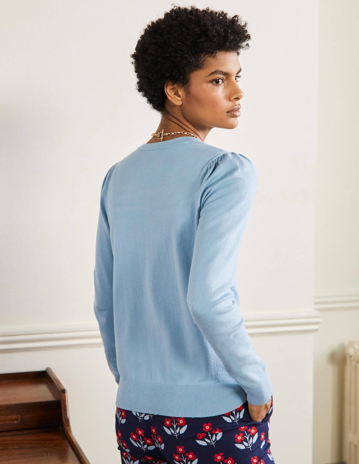 Cotton Crew Neck Cardigan-Dusty Blue