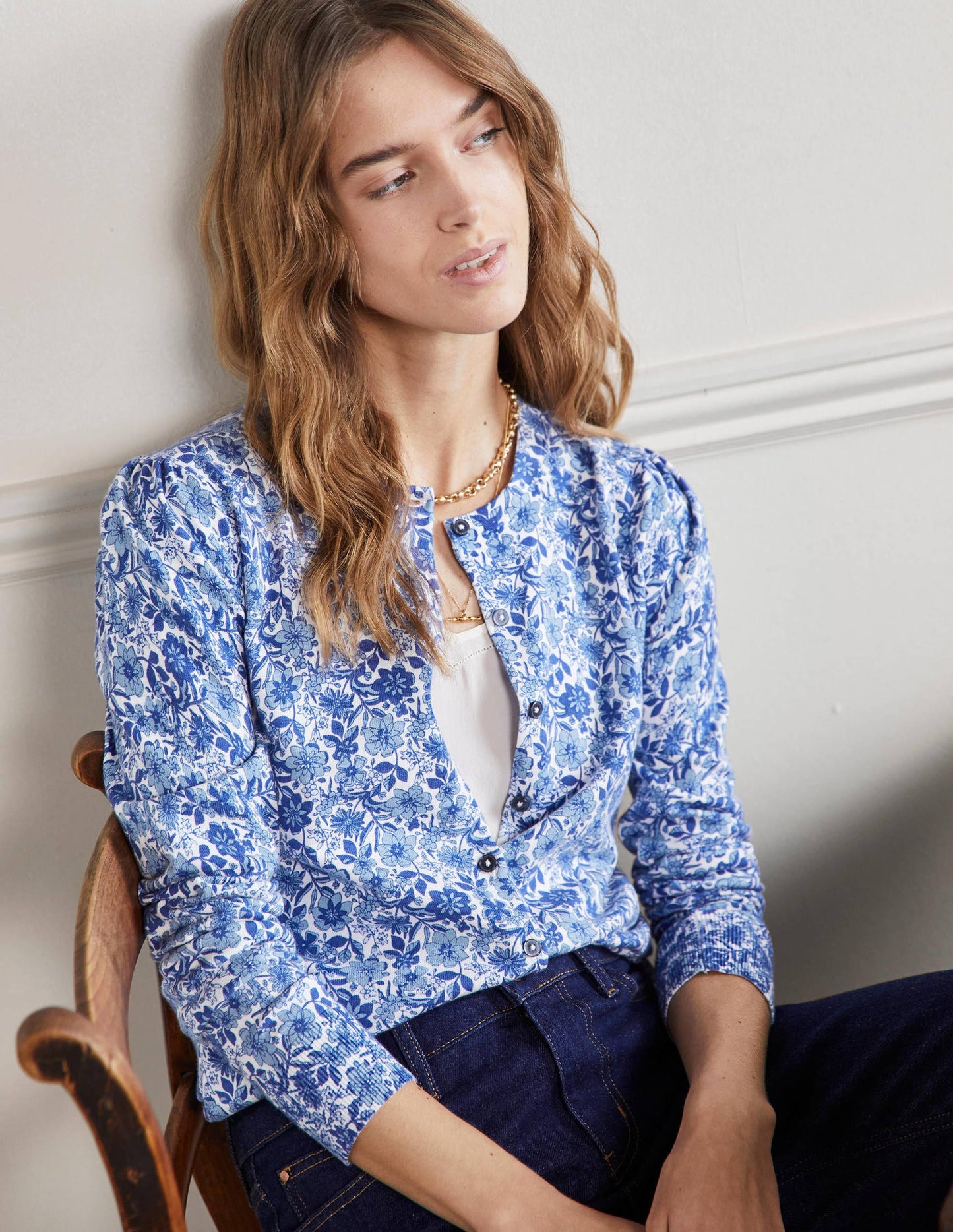 Cotton Crew Neck Cardigan-Dawn Sky, Floret Bloom