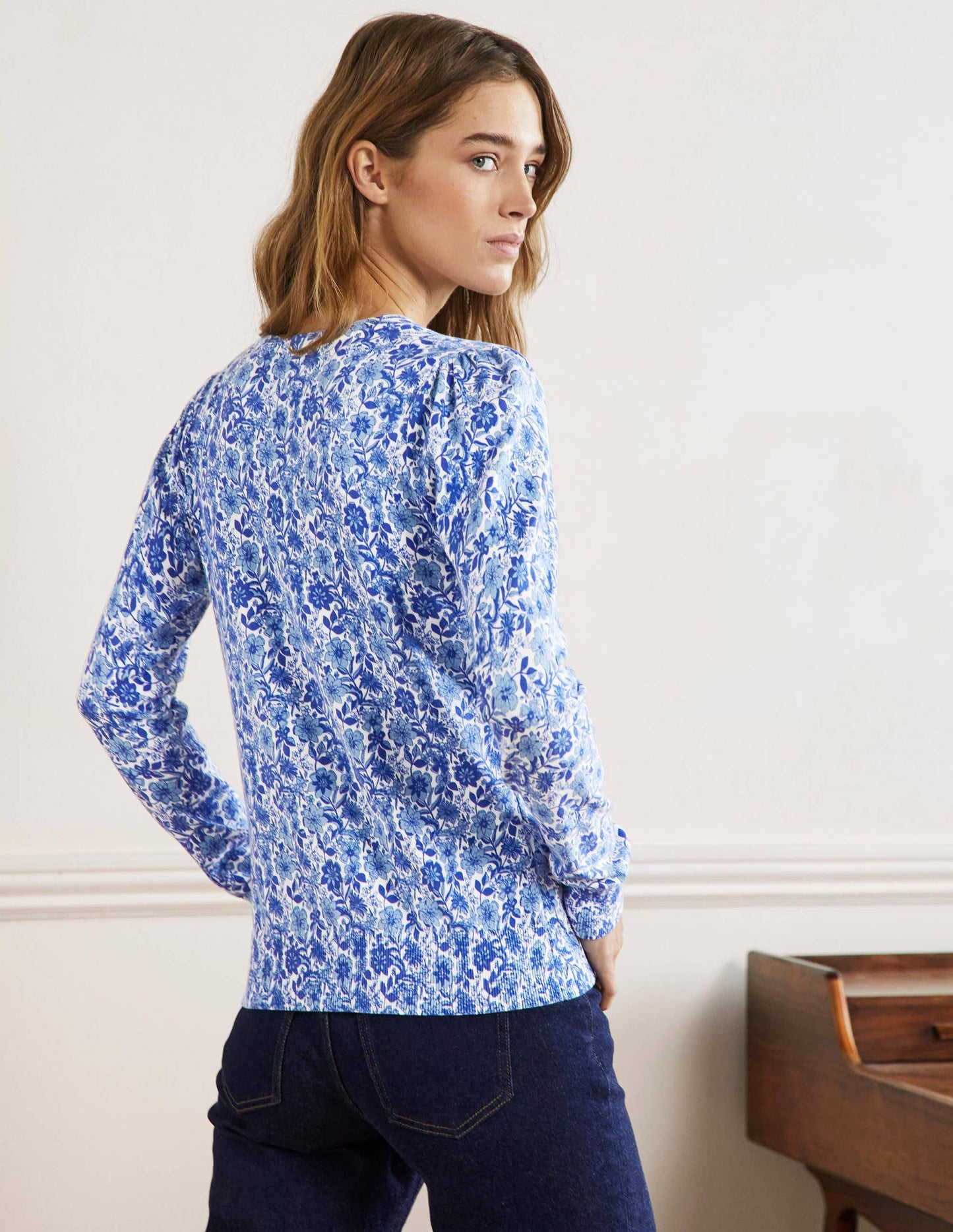 Cotton Crew Neck Cardigan-Dawn Sky, Floret Bloom