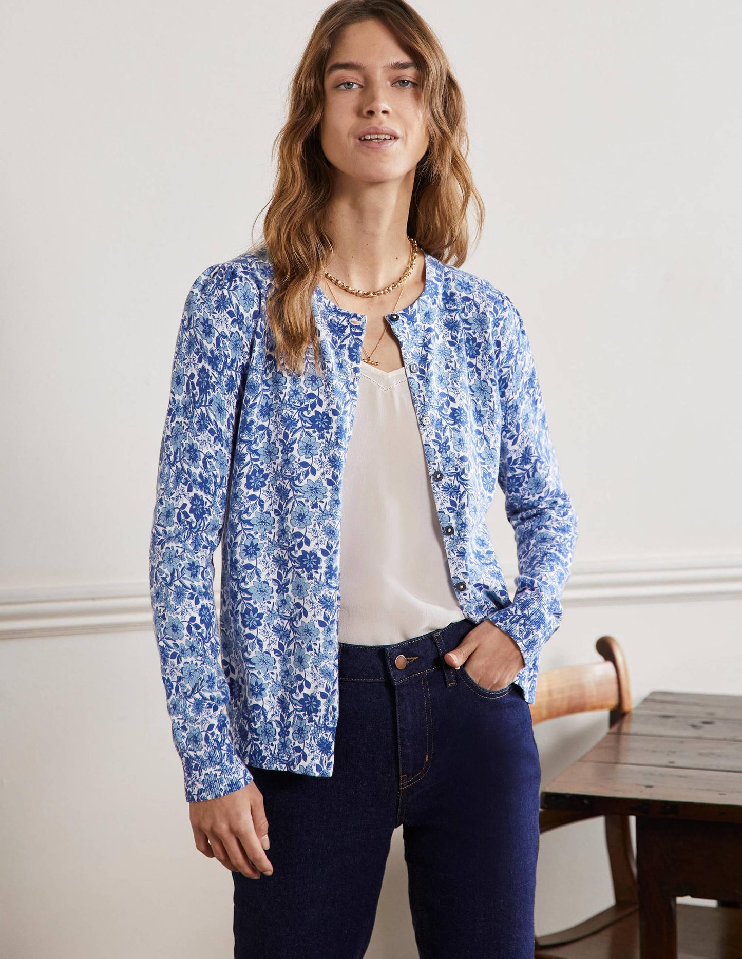 Cotton Crew Neck Cardigan-Dawn Sky, Floret Bloom