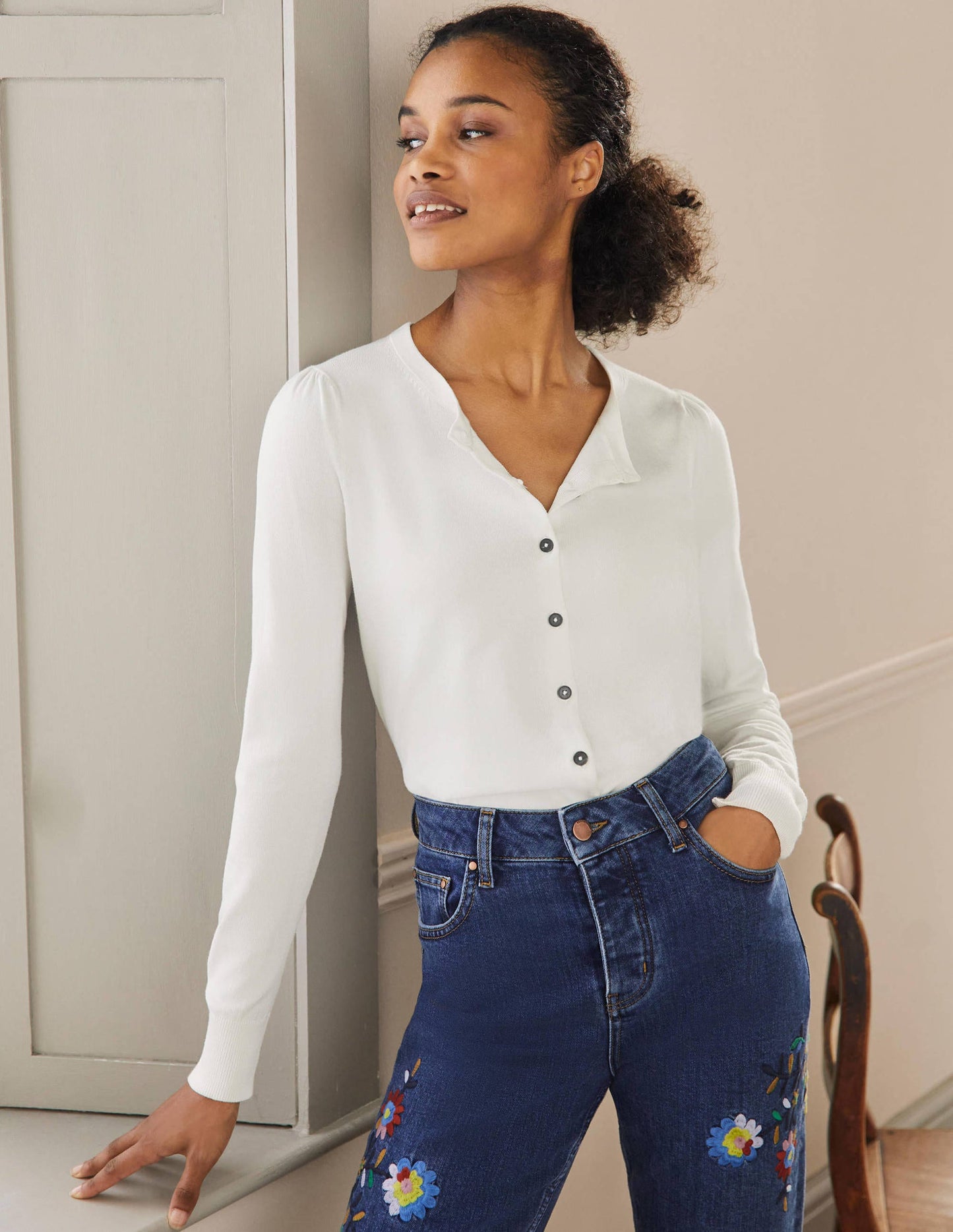 Cotton Crew Neck Cardigan-Ivory