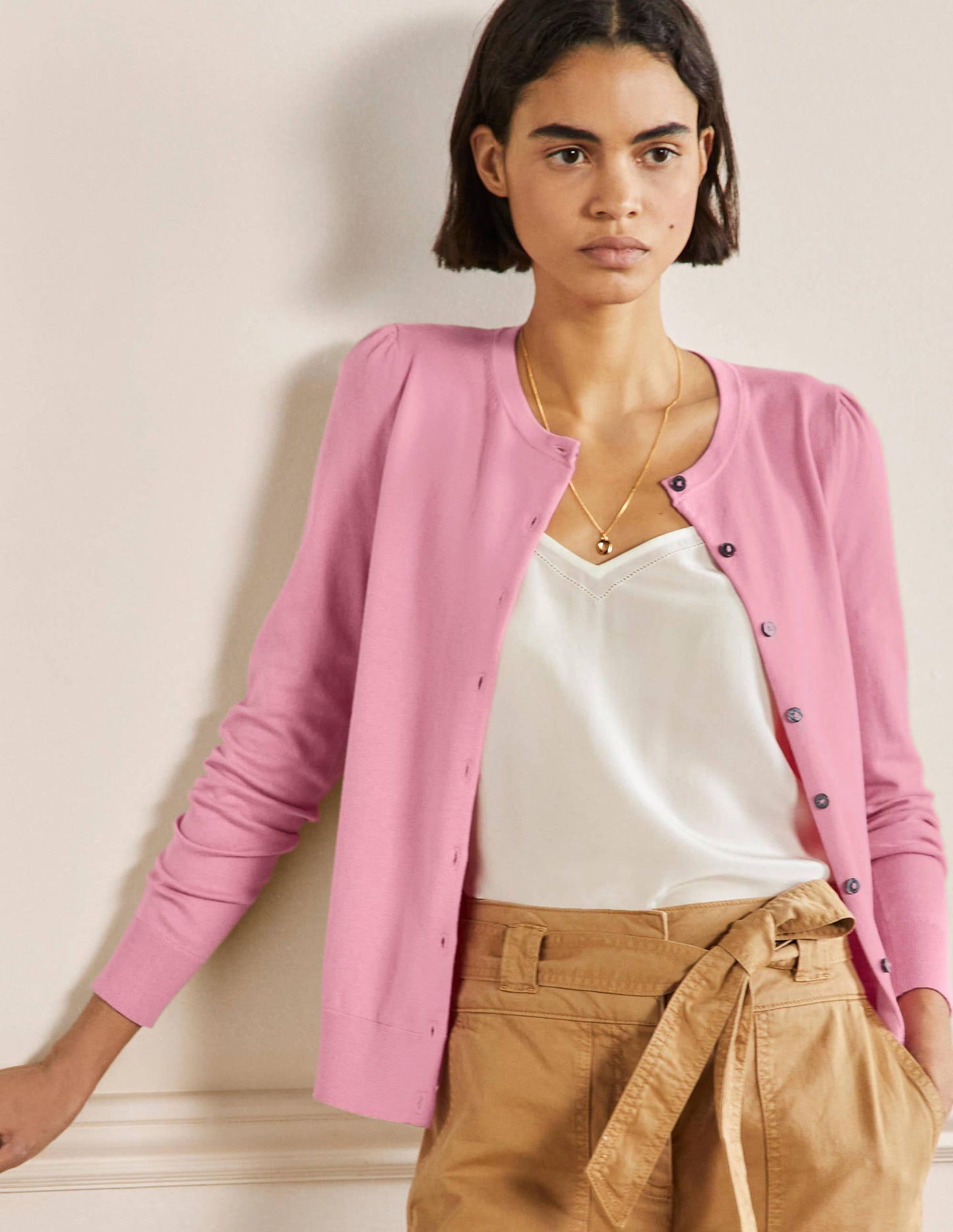 Cotton Crew Neck Cardigan-Posy Pink