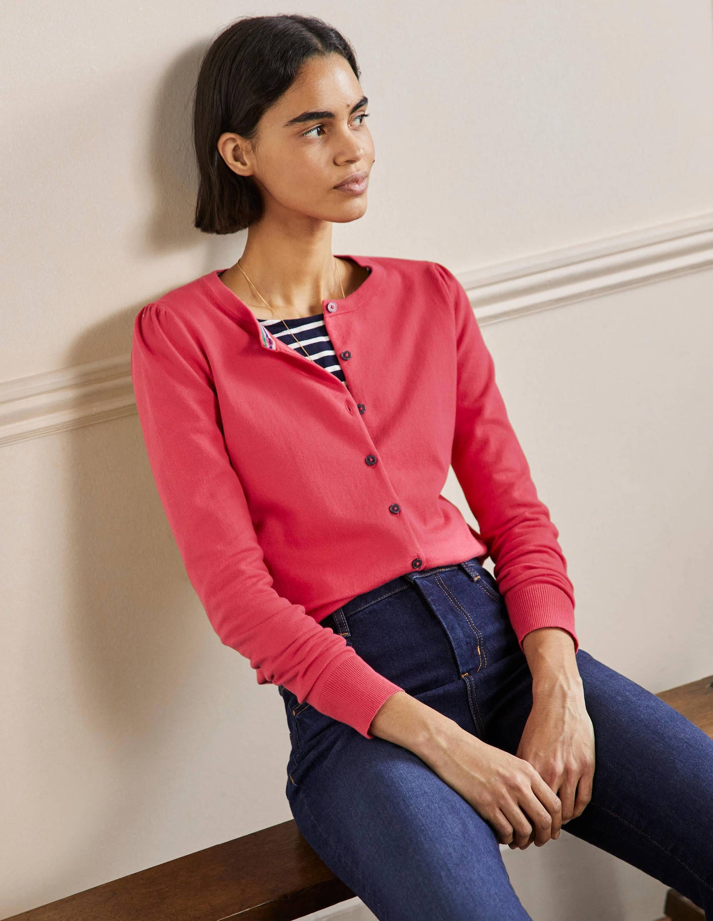 Cotton Crew Neck Cardigan-Radish