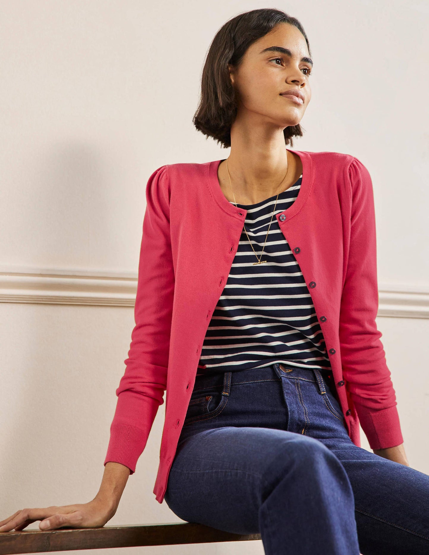 Cotton Crew Neck Cardigan-Radish
