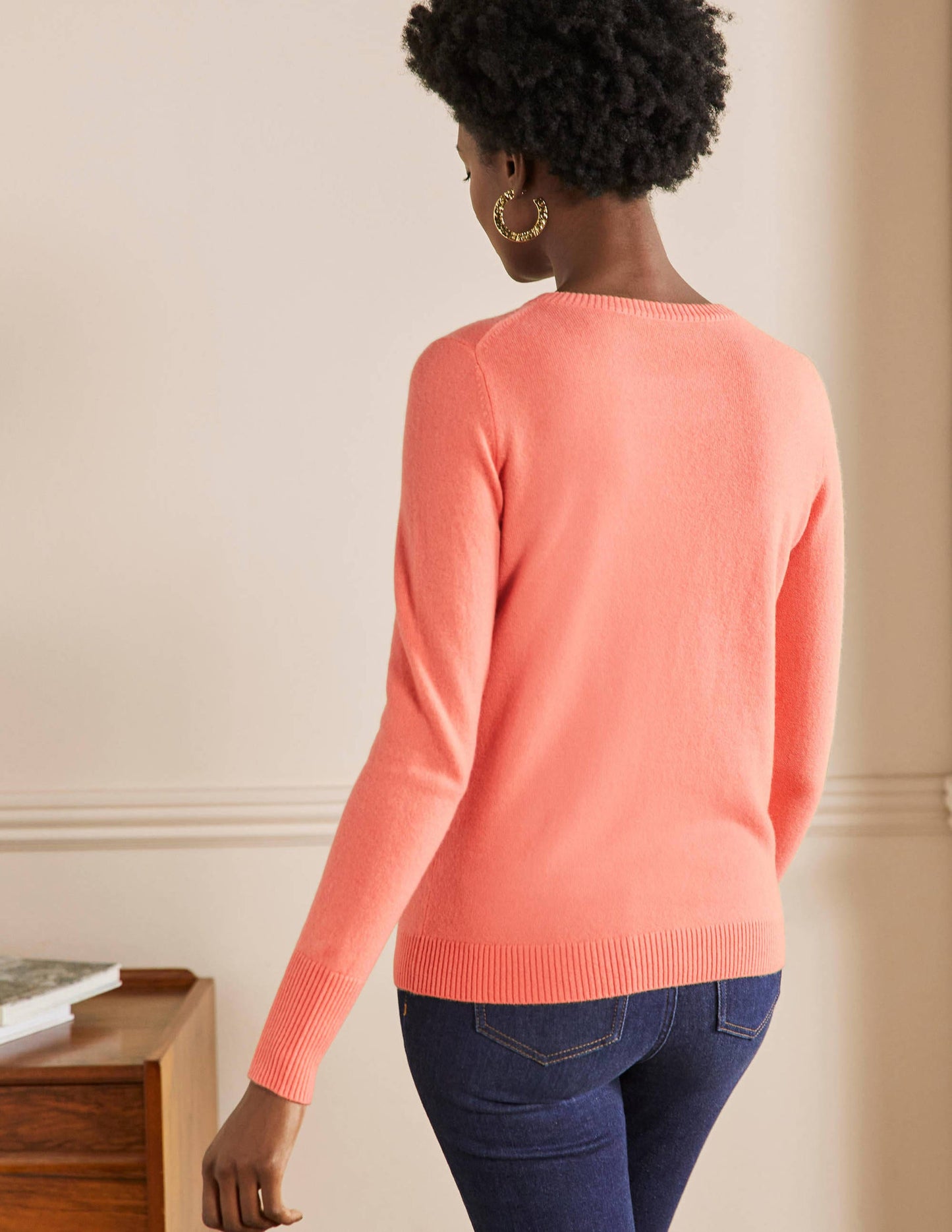 Kaschmirpullover mit Rundhalsausschnitt-Helles Korallenrot
