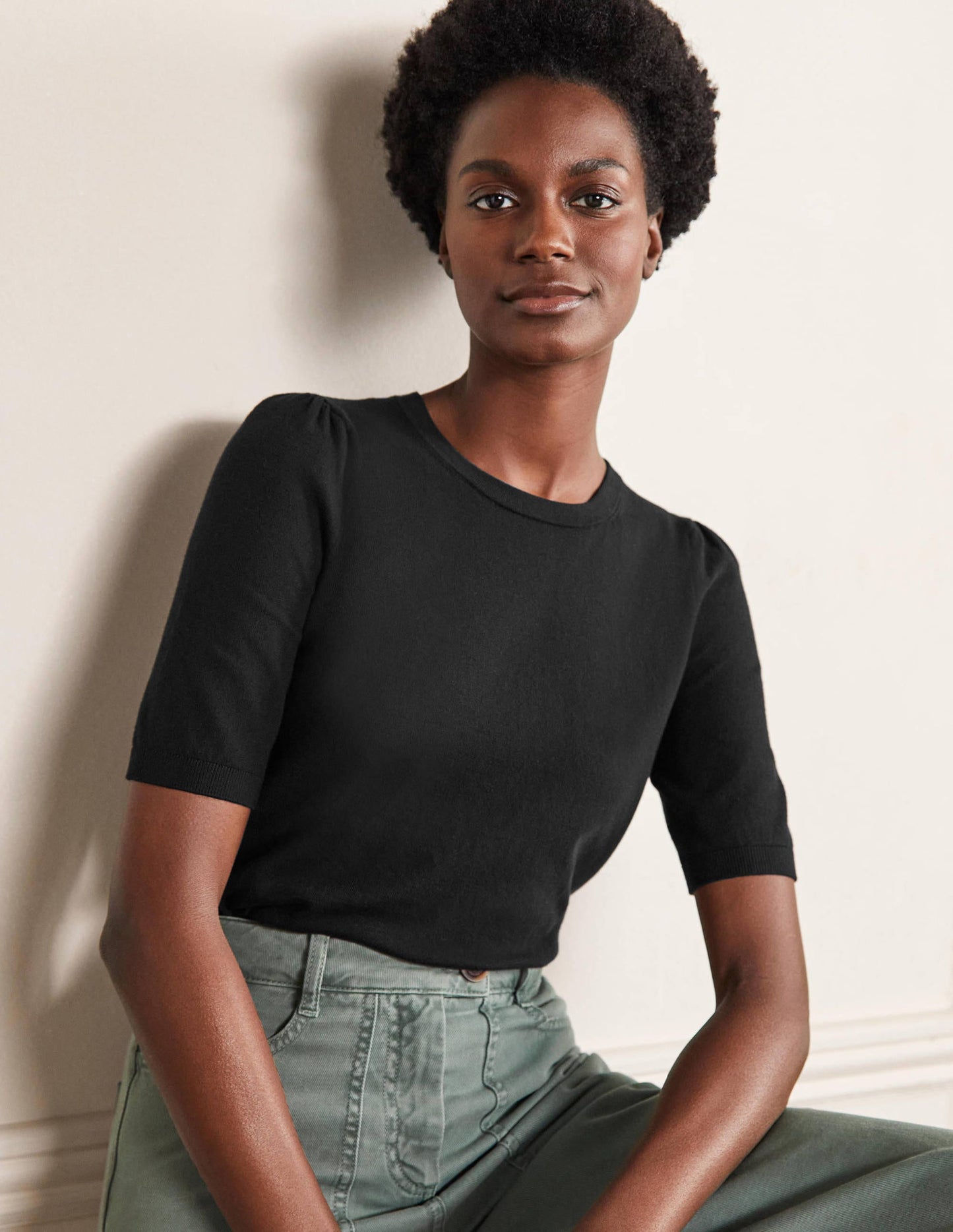 Cotton Crew Knitted Top-Black
