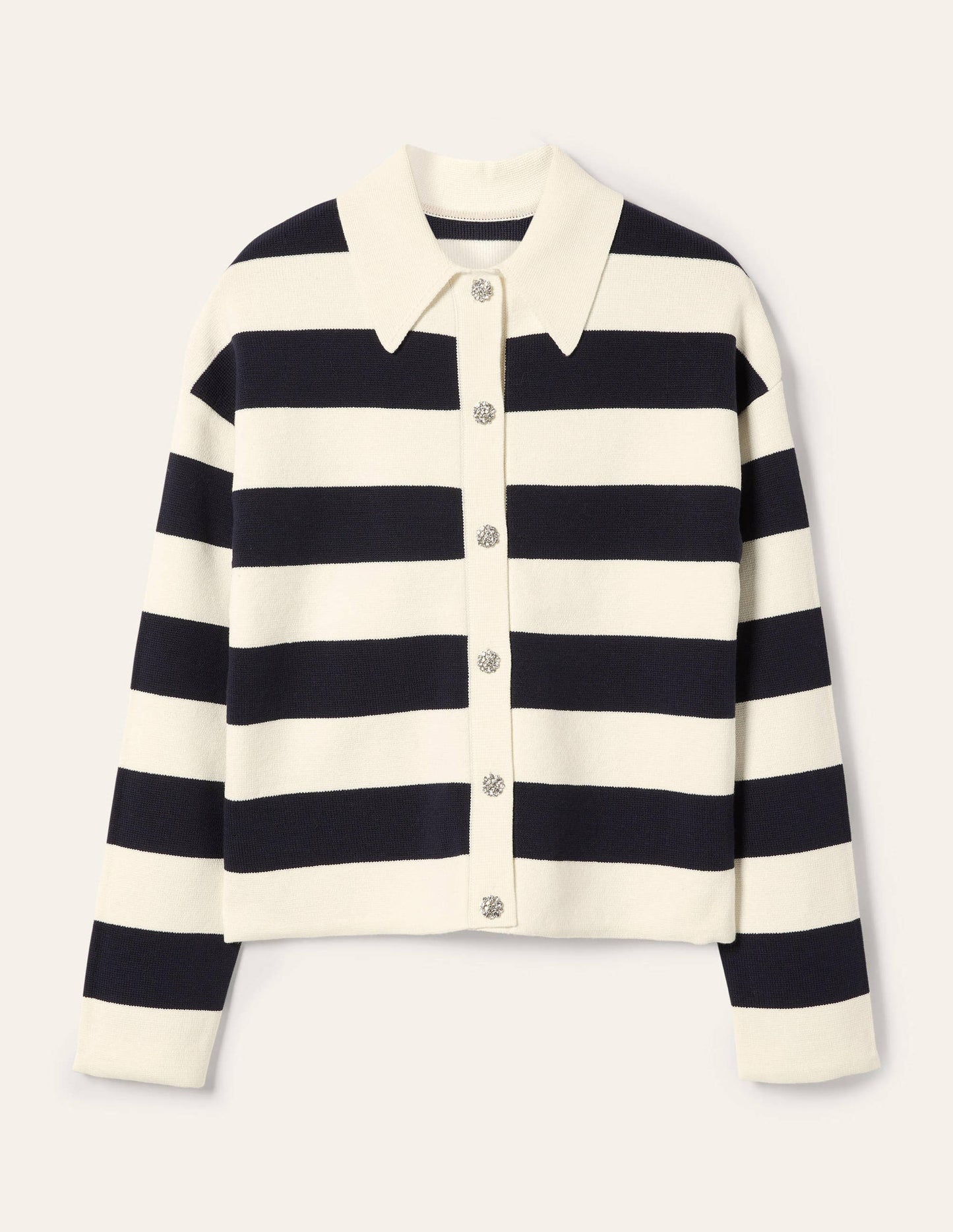 Cardigan mit Kragen und Schmucksteinknopf-Naturweiß Melange/Navy, Gestreift