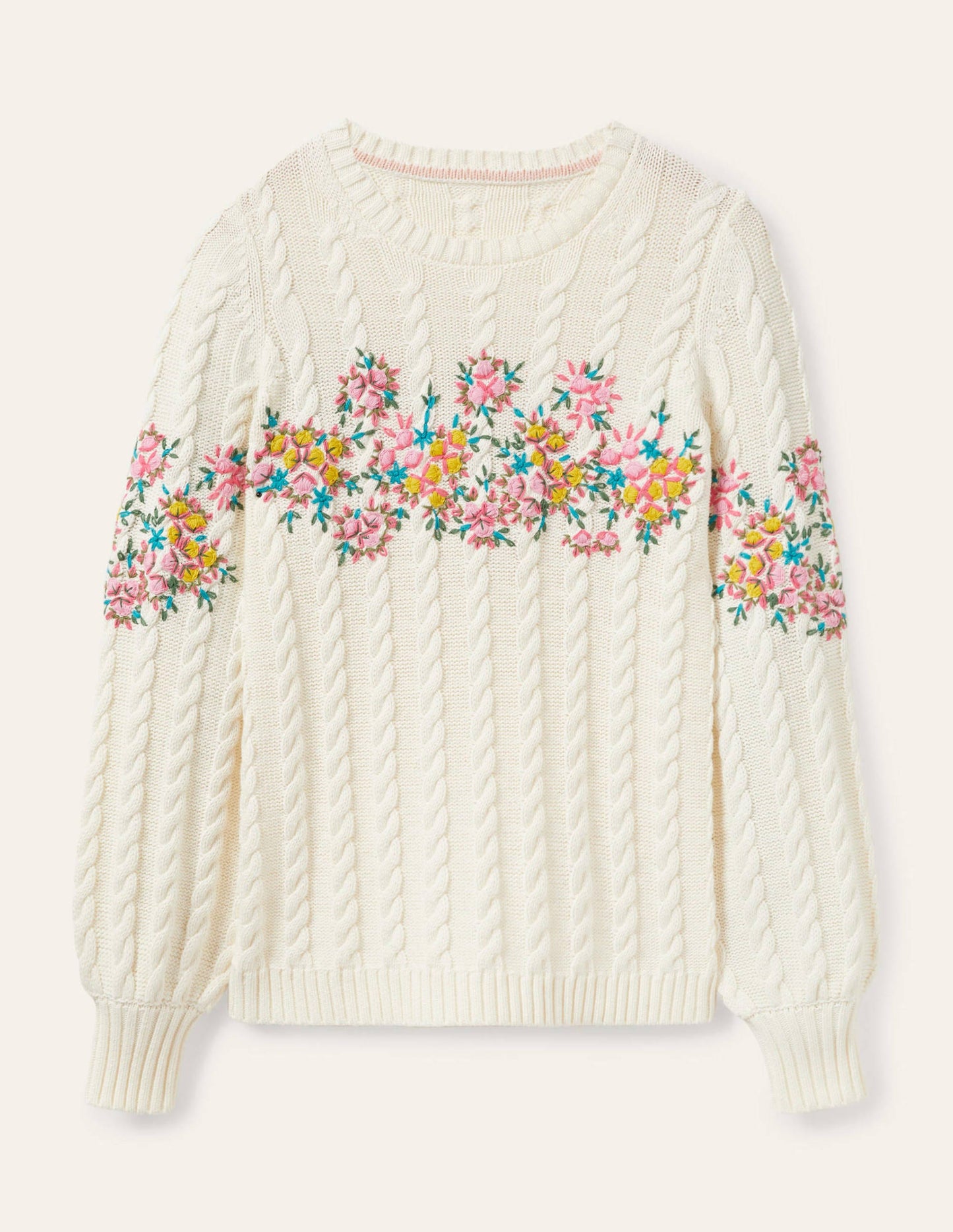 Embroidered Cable Knit Jumper-Ivory/Floral Embroidery