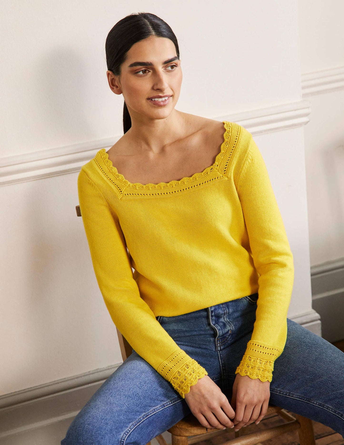 Pullover mit gehäkeltem Muschelsaum-Rauchgelb